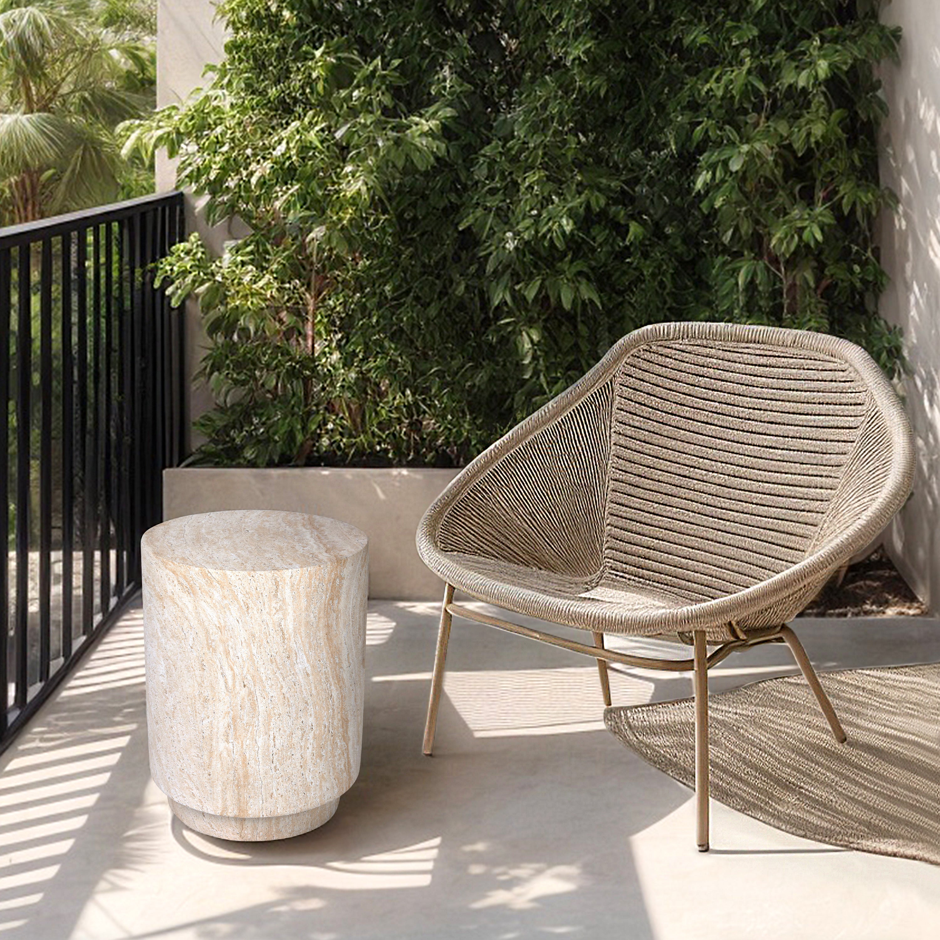 Cylinder Travertine Stone Finish Italian Design MgO Side Accent Table, size 14.2"x14.2"x18.3" perfect for both indoor and outdoor settings.