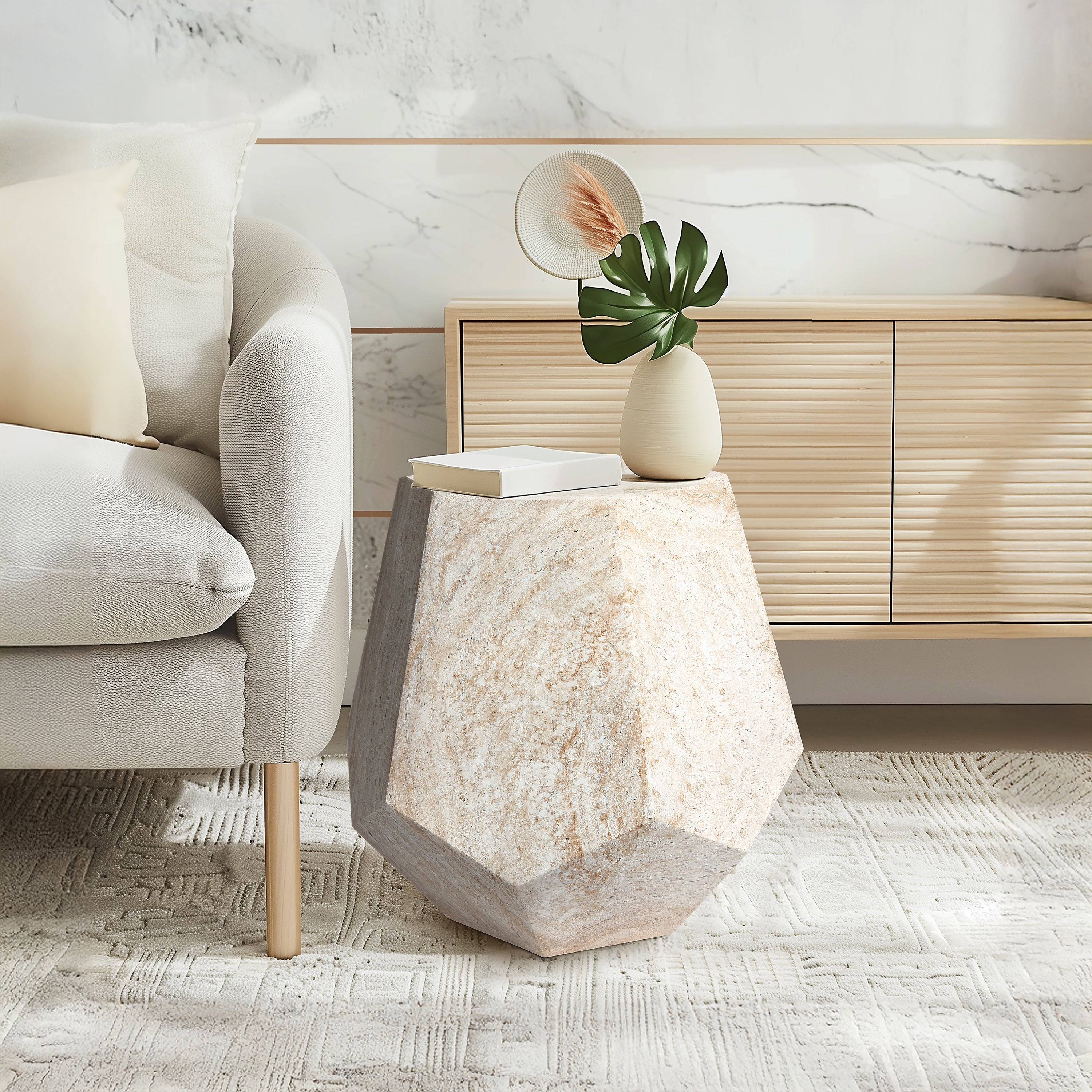 Geaometric Travertine Stone Finish Italian Design MGO Side Accent Table,size 19.6"x19.6"x18.9" perfect for both indoor and outdoor settings.