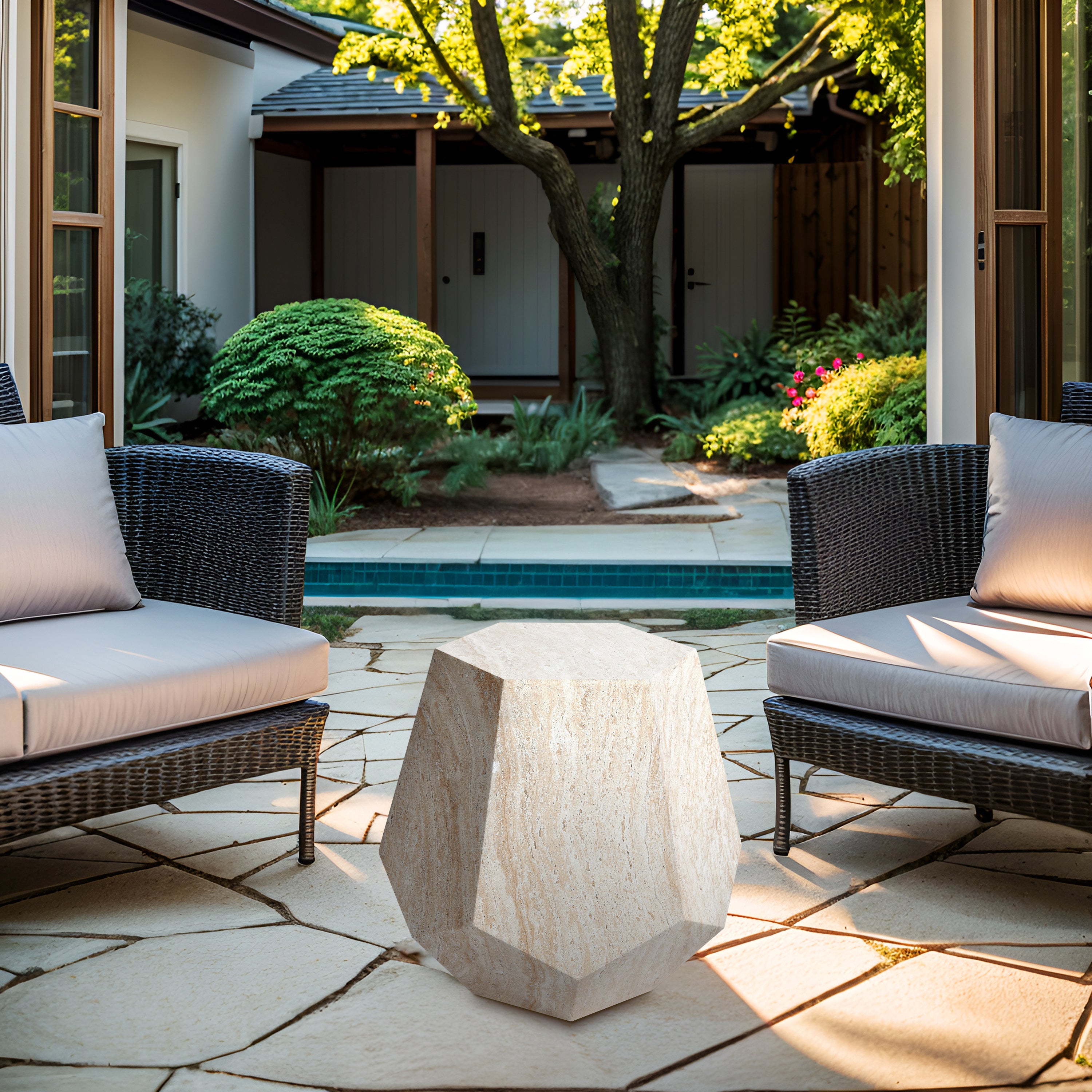 Geaometric Travertine Stone Finish Italian Design MGO Side Accent Table,size 19.6"x19.6"x18.9" perfect for both indoor and outdoor settings.