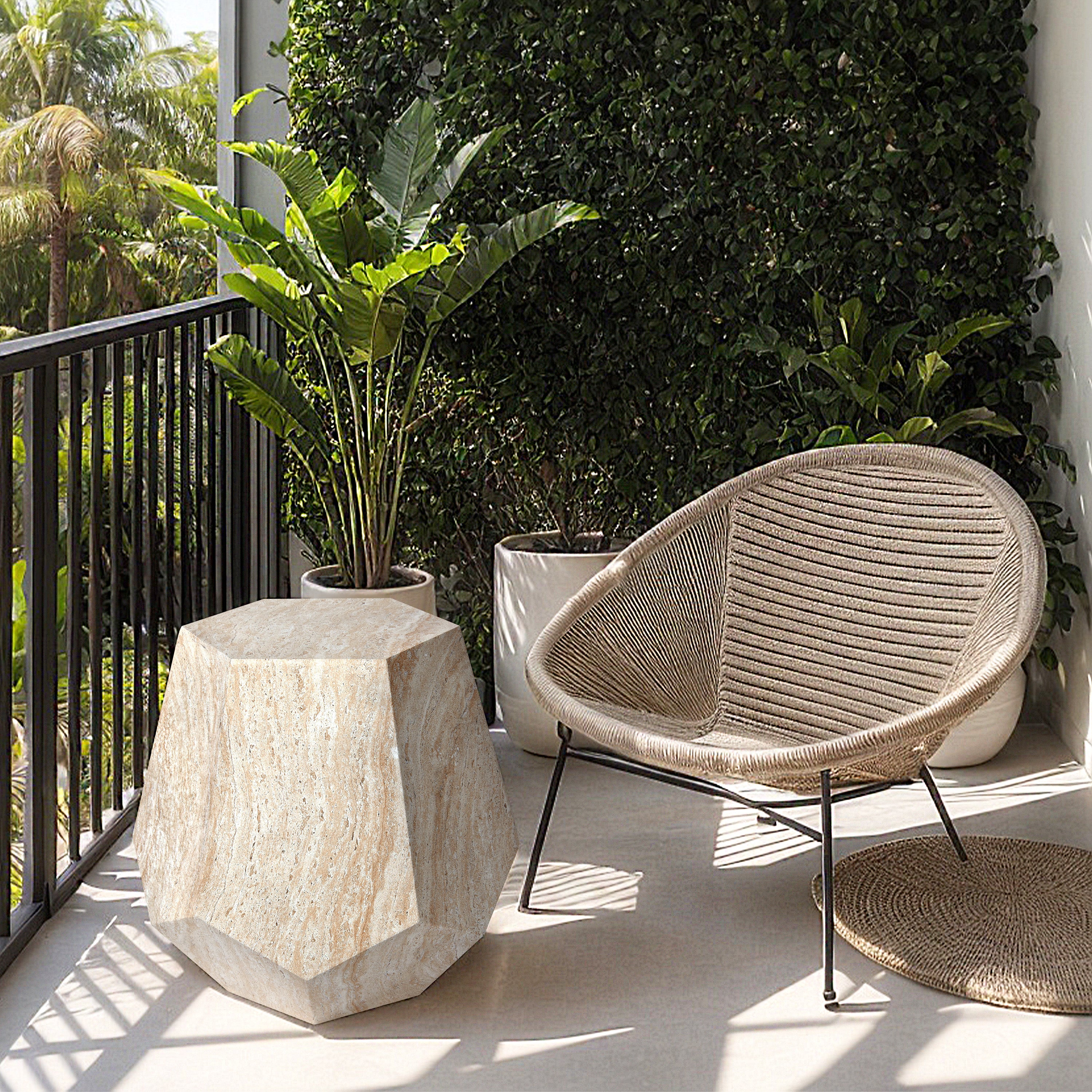 Geaometric Travertine Stone Finish Italian Design MGO Side Accent Table,size 19.6"x19.6"x18.9" perfect for both indoor and outdoor settings.