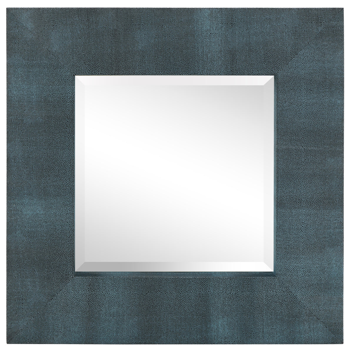 Black on Blue Metallic Shagreen Leather Framed Beveled Mirror