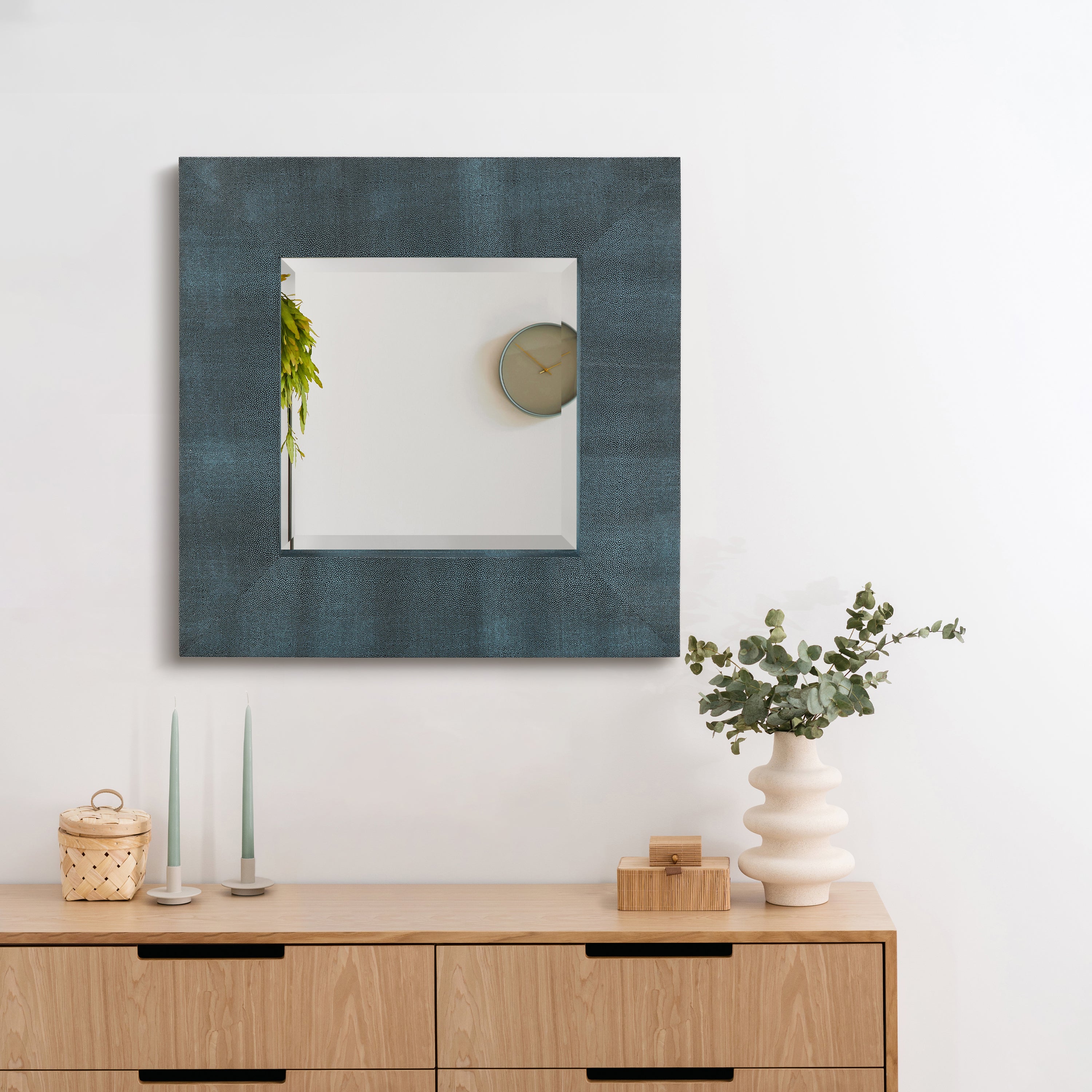 Black on Blue Metallic Shagreen Leather Framed Beveled Mirror