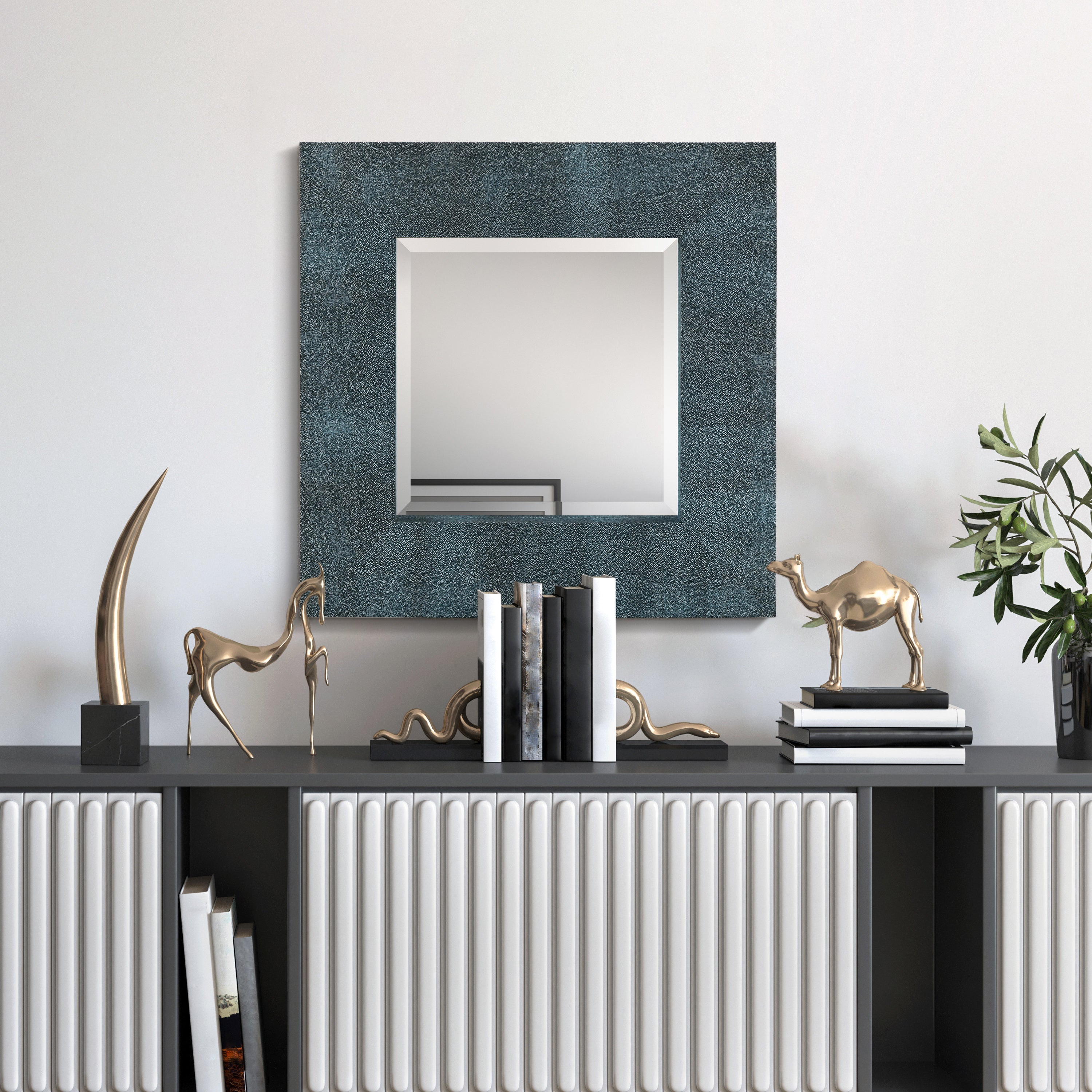 Black on Blue Metallic Shagreen Leather Framed Beveled Mirror