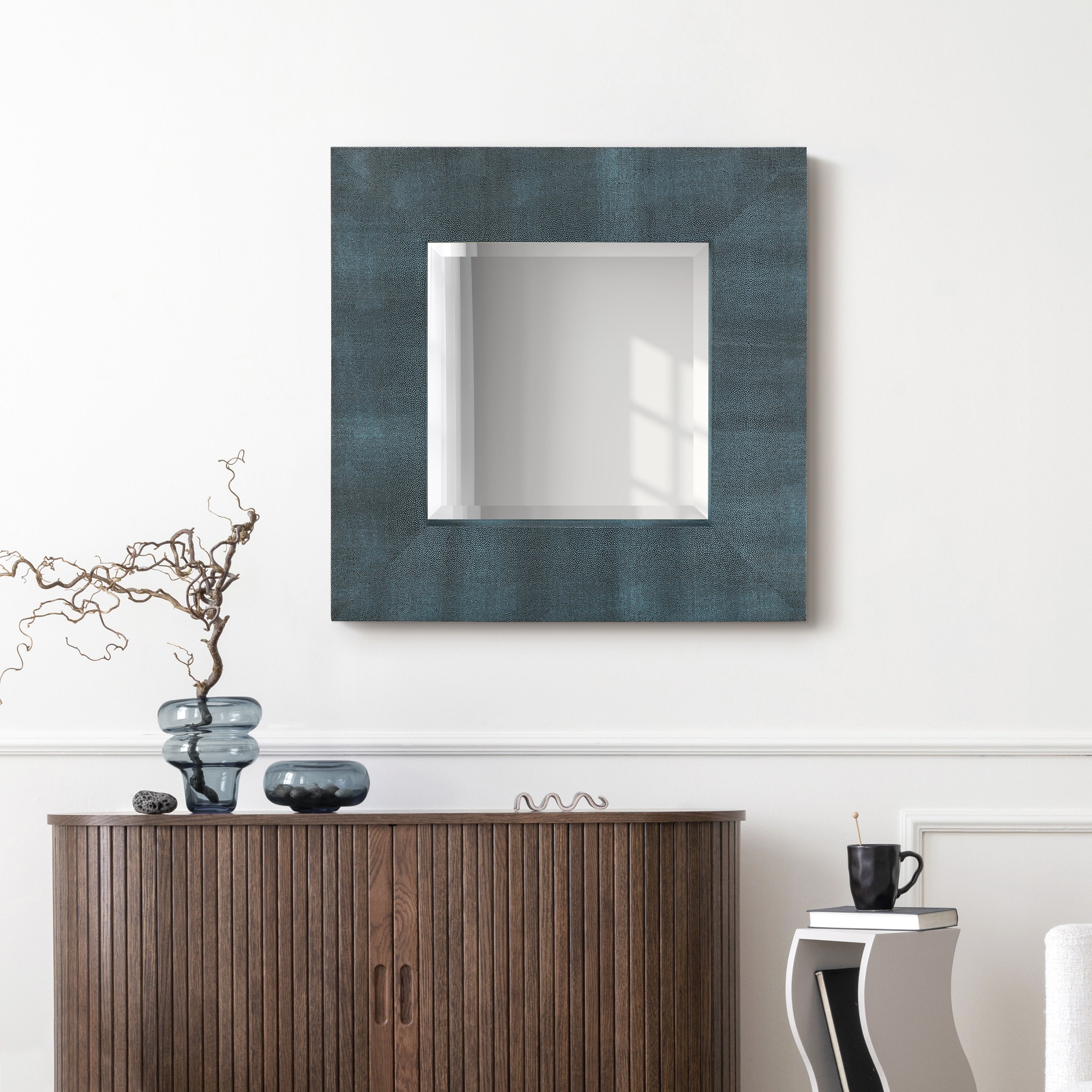 Black on Blue Metallic Shagreen Leather Framed Beveled Mirror