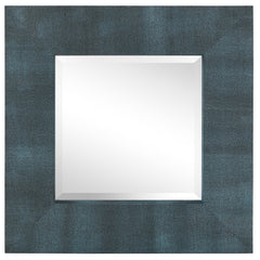 Black on Blue Metallic Shagreen Leather Framed Beveled Mirror