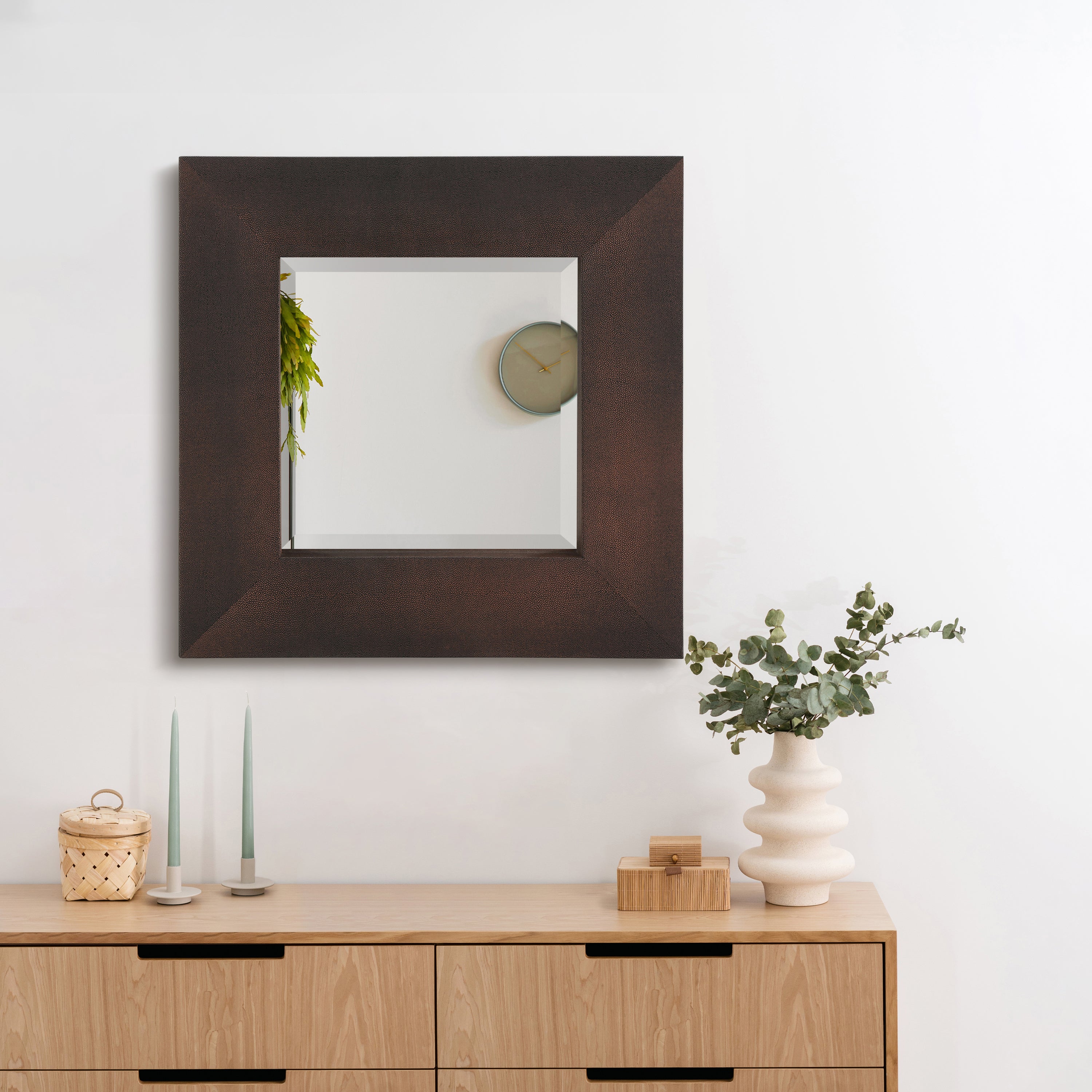 Bronze on Black Metallic Shagreen Leather Framed Beveled Mirror - While quantities last.