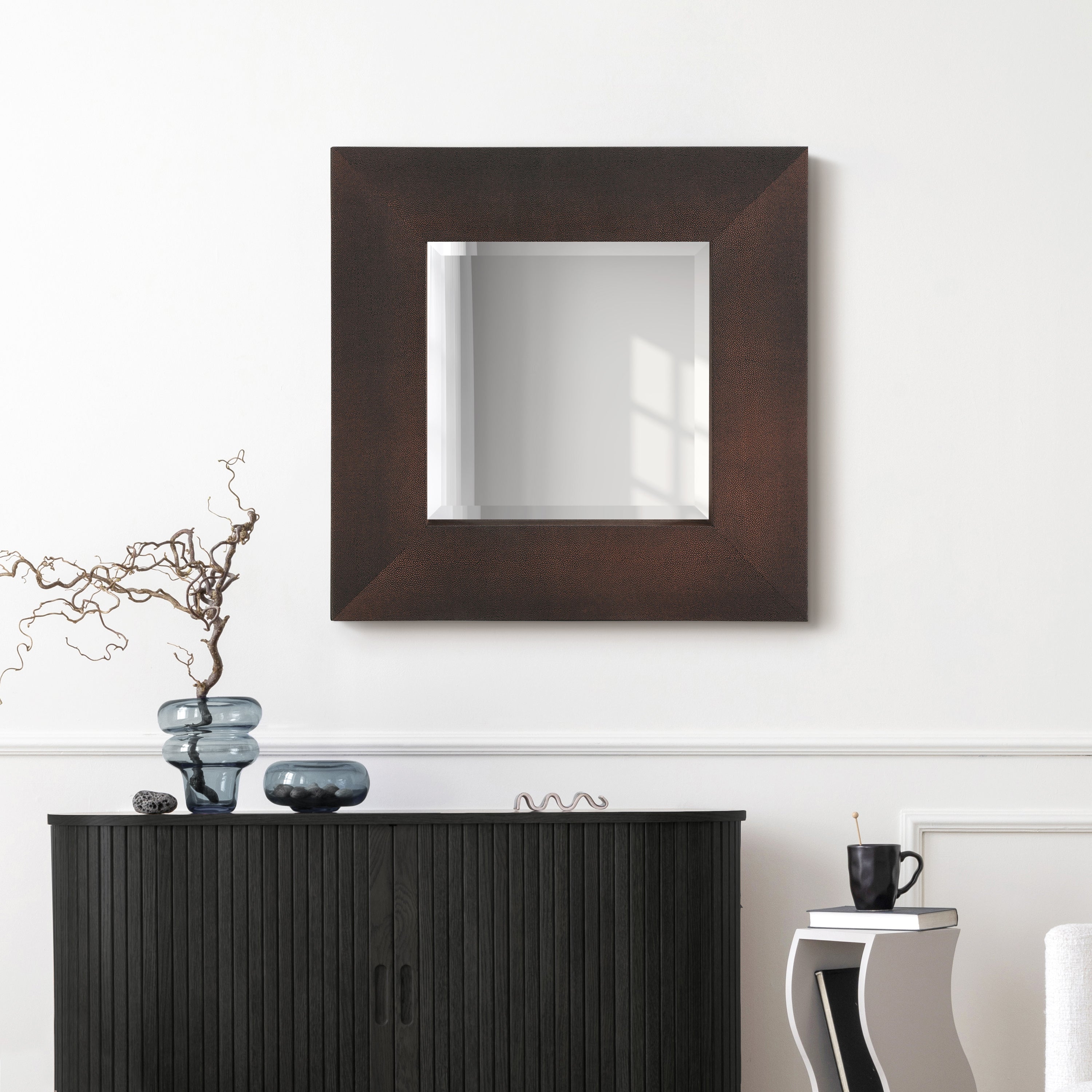 Bronze on Black Metallic Shagreen Leather Framed Beveled Mirror - While quantities last.