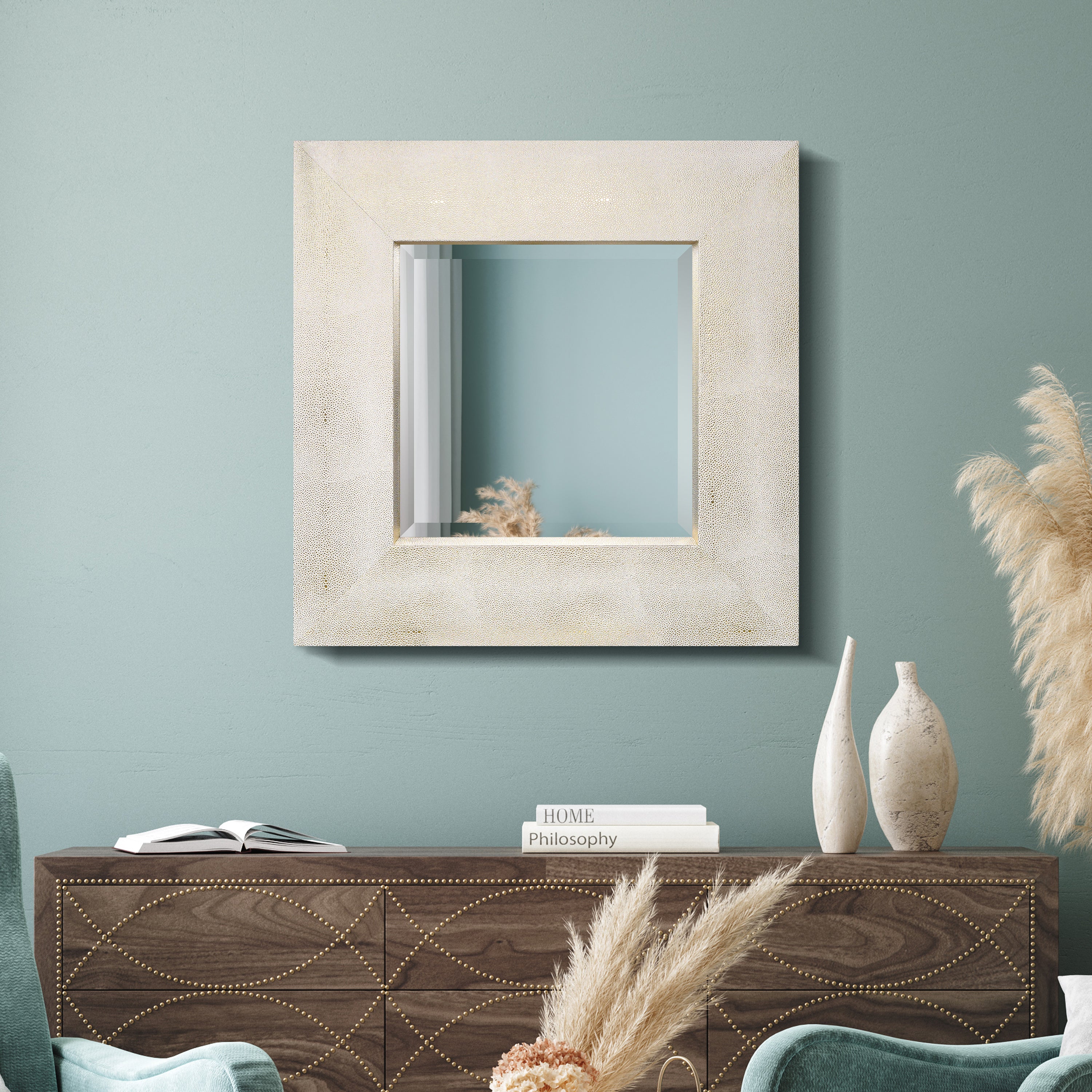 Gold on White Metallic Shagreen Leather Framed Beveled Mirror