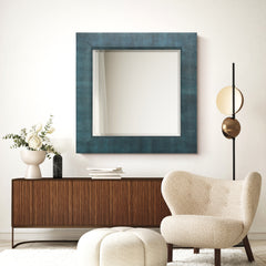 Black on Blue Metallic Shagreen Leather Framed Beveled Mirror