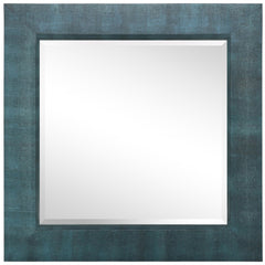 Black on Blue Metallic Shagreen Leather Framed Beveled Mirror