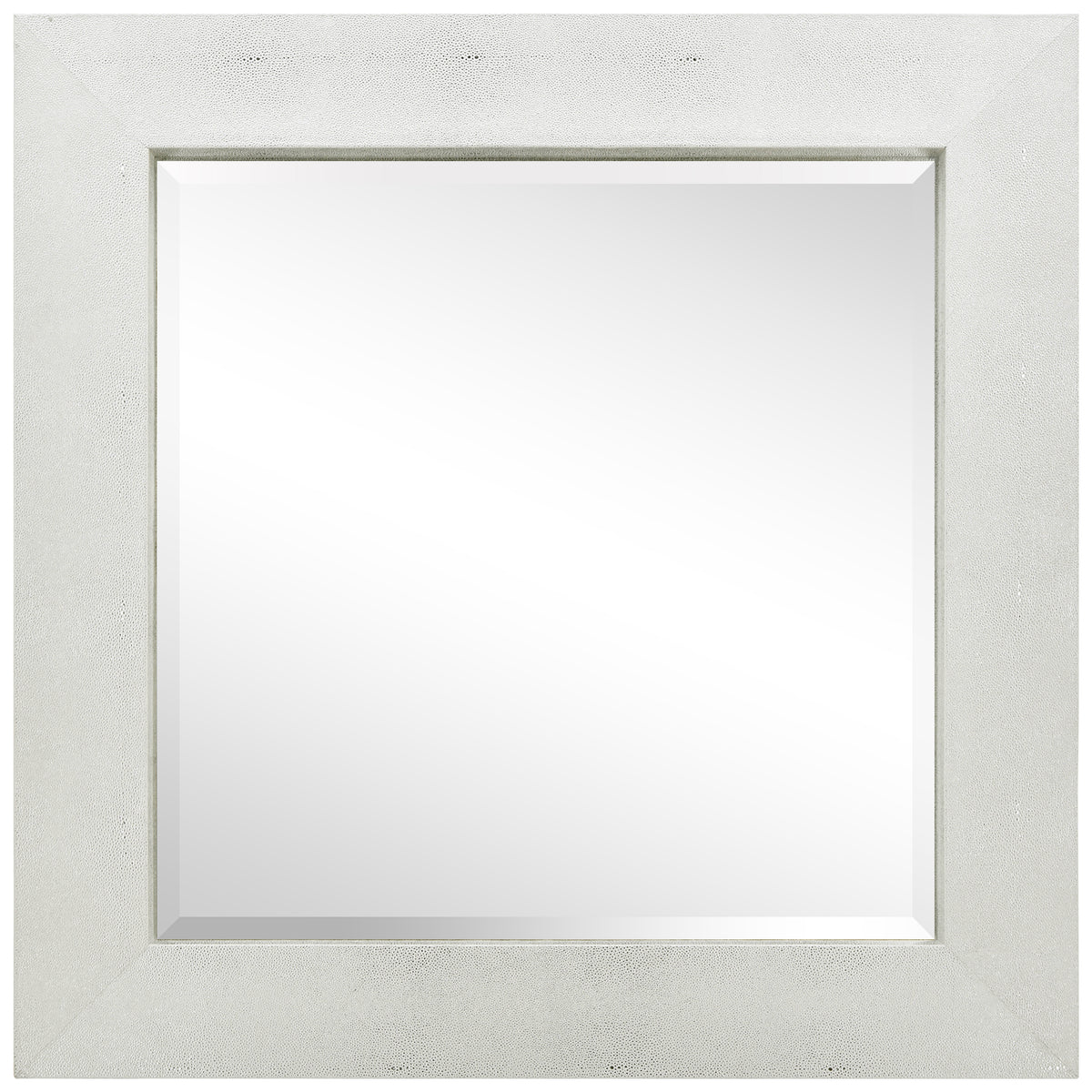 Silver on White Metallic Shagreen Leather Framed Beveled Mirror