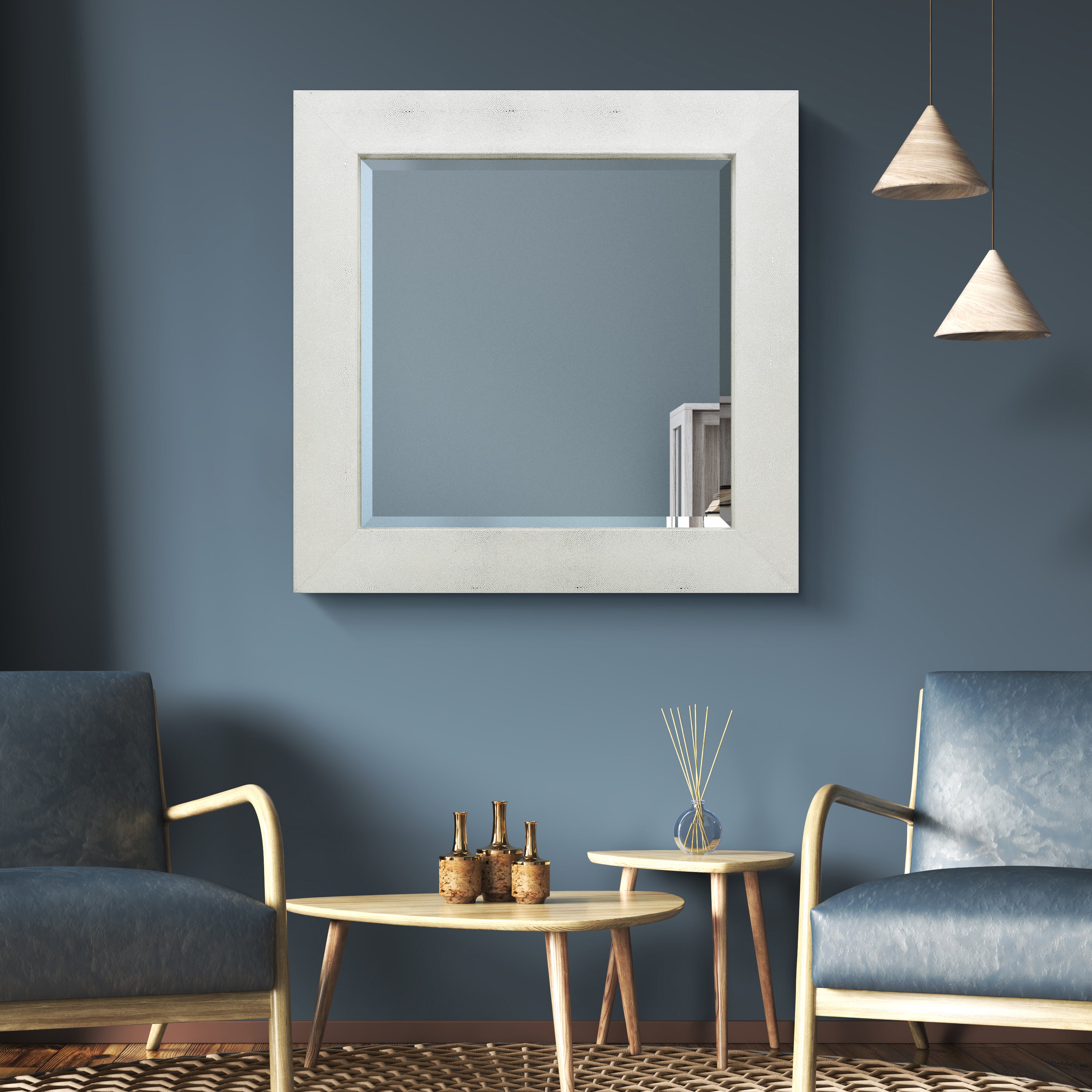 Silver on White Metallic Shagreen Leather Framed Beveled Mirror