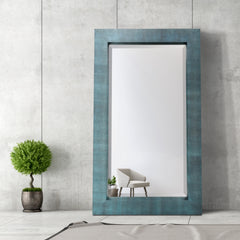 Black on Blue Metallic Shagreen Leather Framed Beveled Mirror