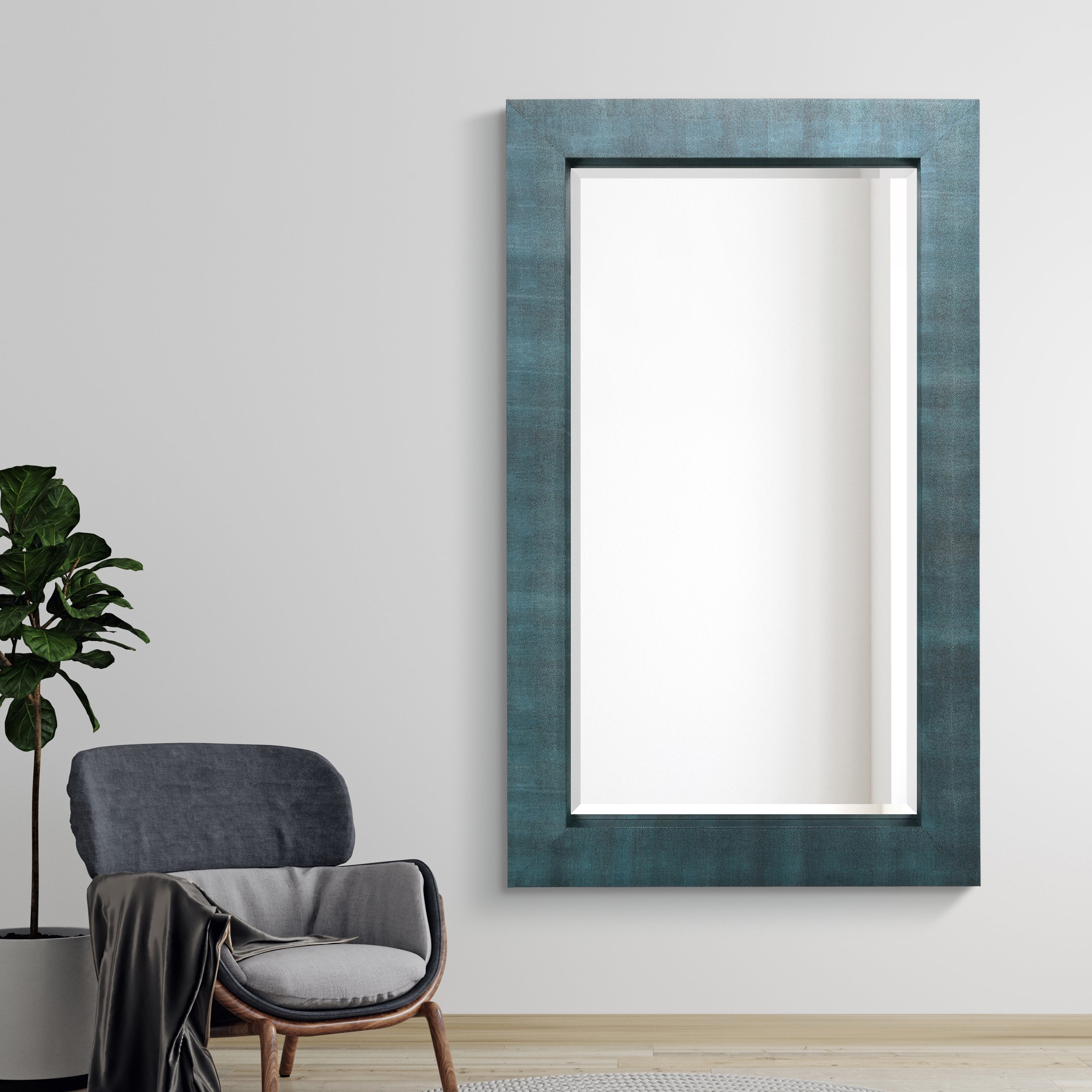 Black on Blue Metallic Shagreen Leather Framed Beveled Mirror