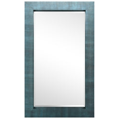 Black on Blue Metallic Shagreen Leather Framed Beveled Mirror