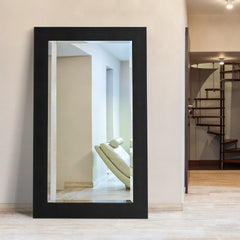 Black on Black Metallic Shagreen Leather Framed Beveled Mirror