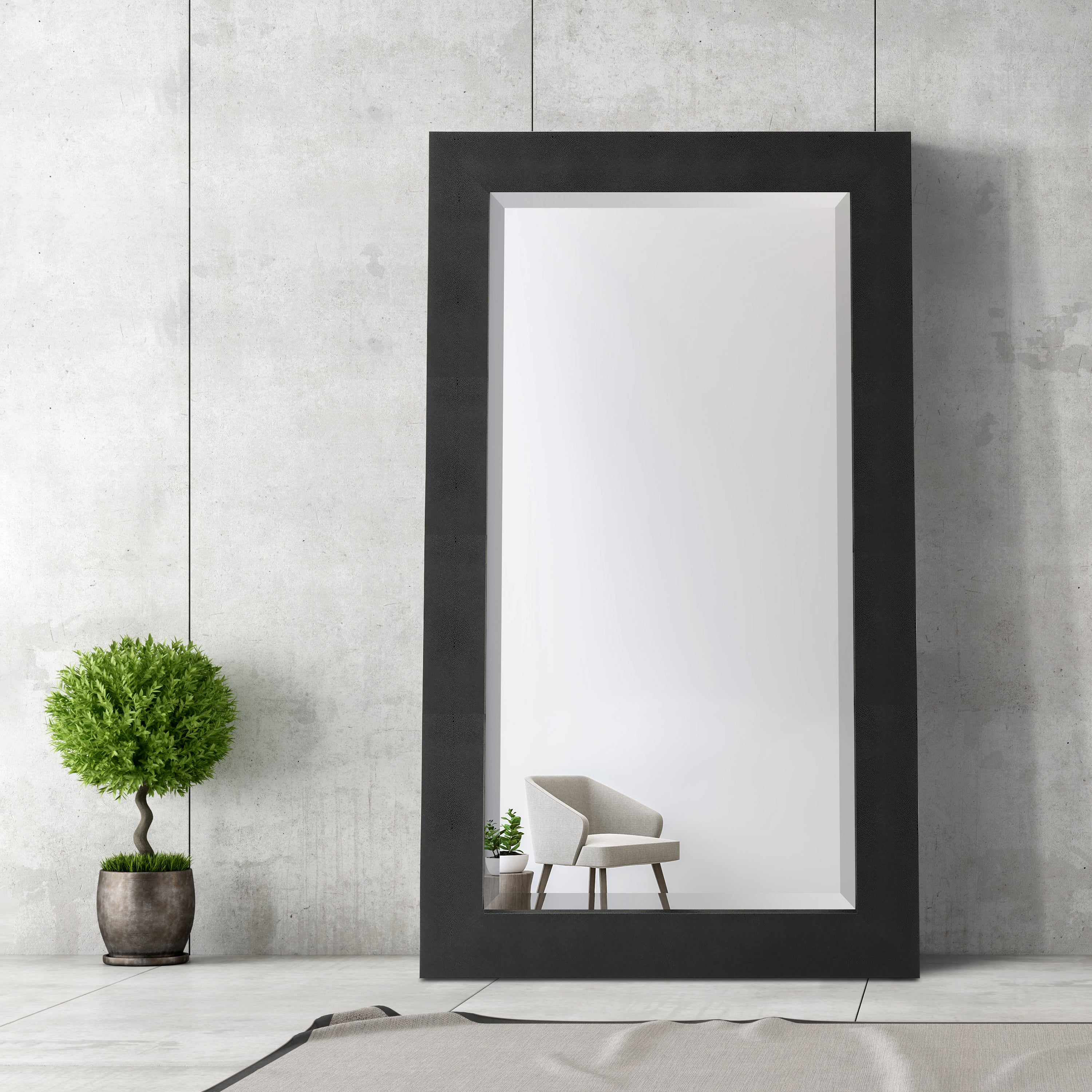 Black on Black Metallic Shagreen Leather Framed Beveled Mirror