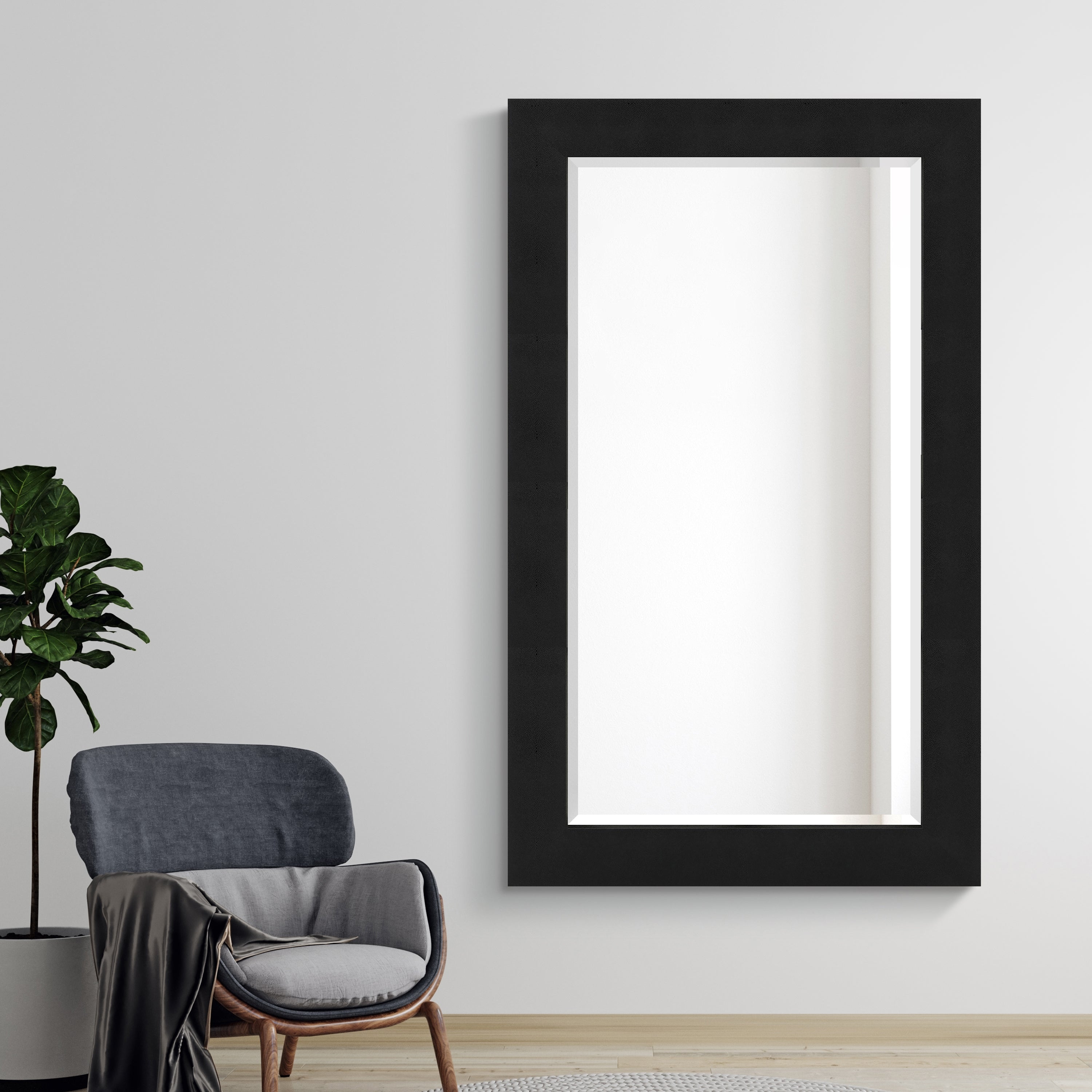 Black on Black Metallic Shagreen Leather Framed Beveled Mirror