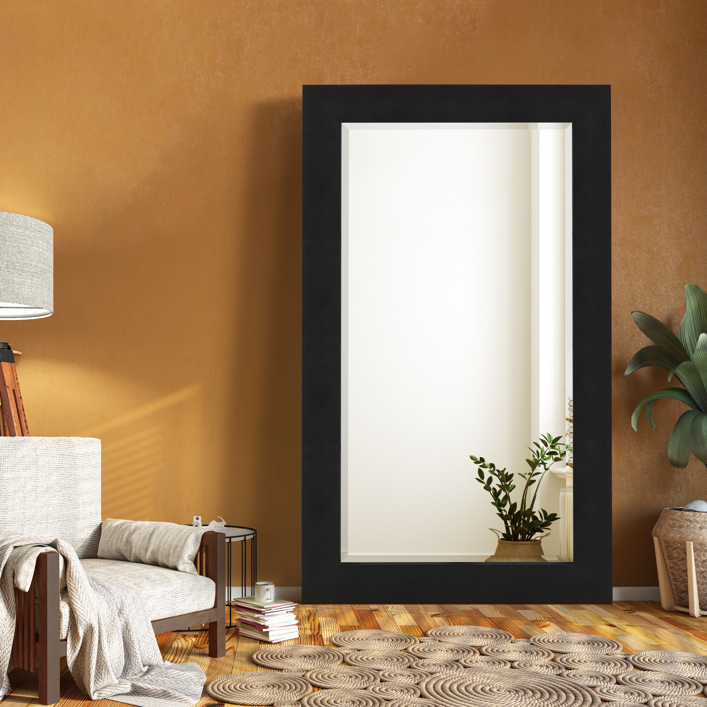 Black on Black Metallic Shagreen Leather Framed Beveled Mirror