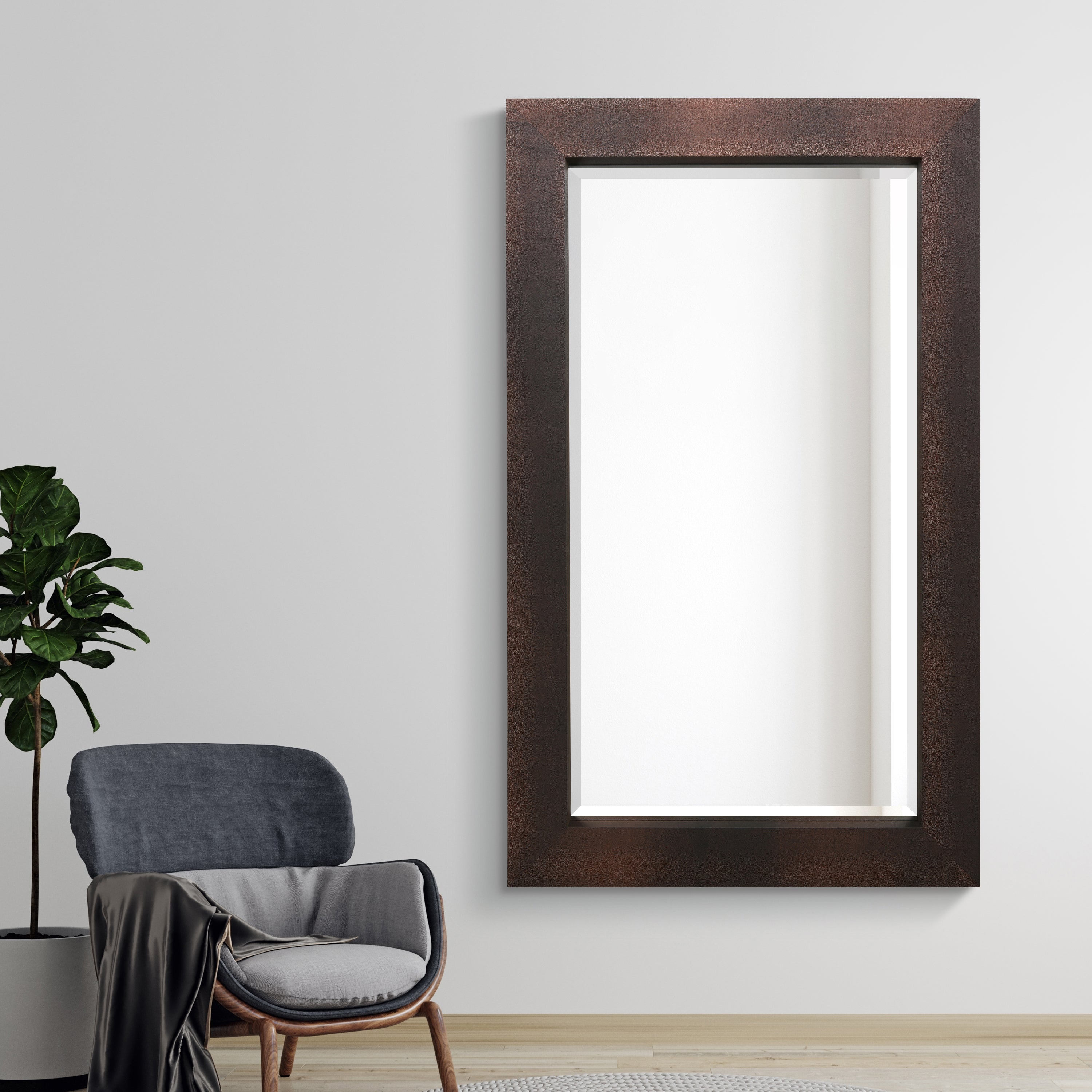 Black on Bronze Metallic Shagreen Leather Framed Beveled Mirror