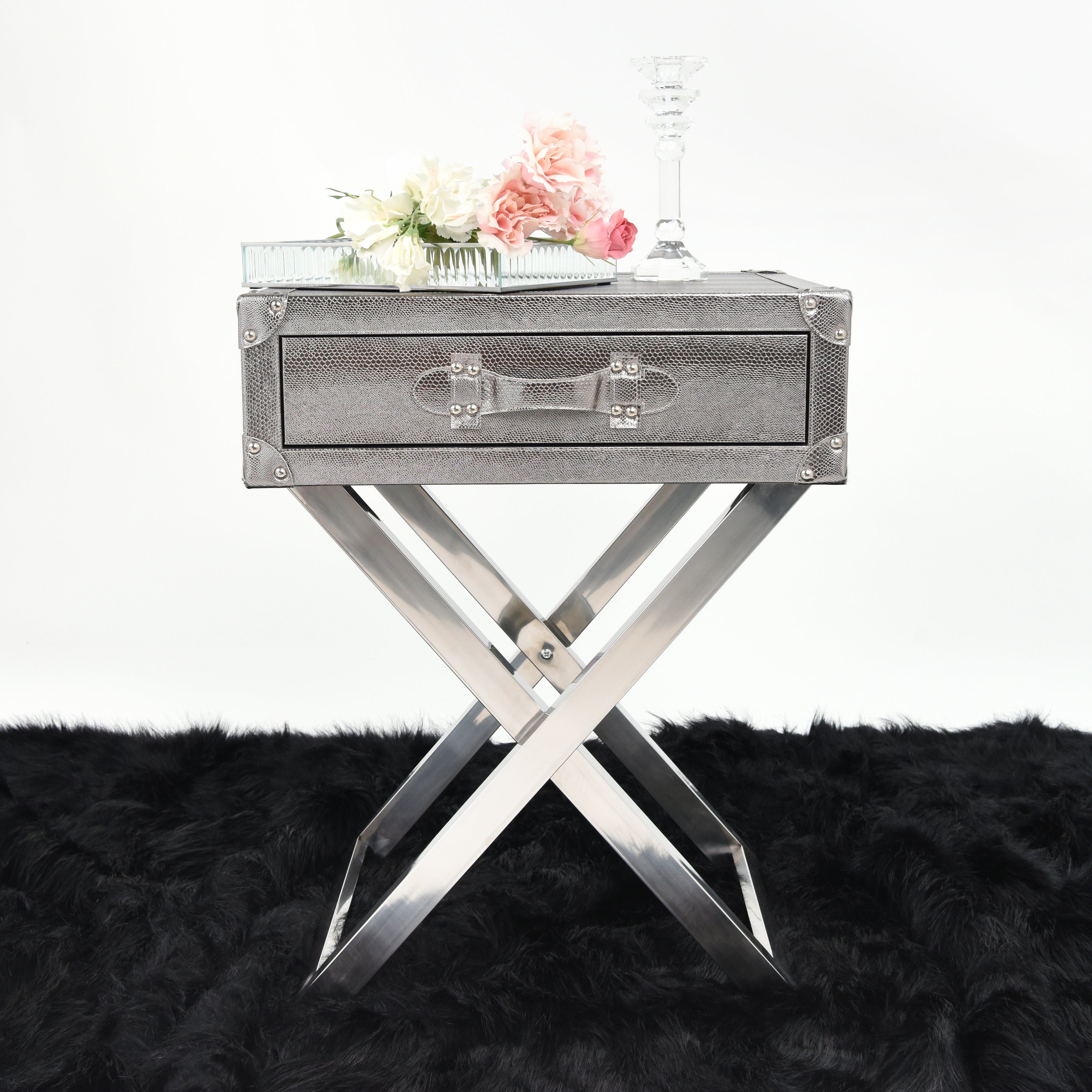 Silver Lizard Leather Side Table - Discontinued, while supplies last