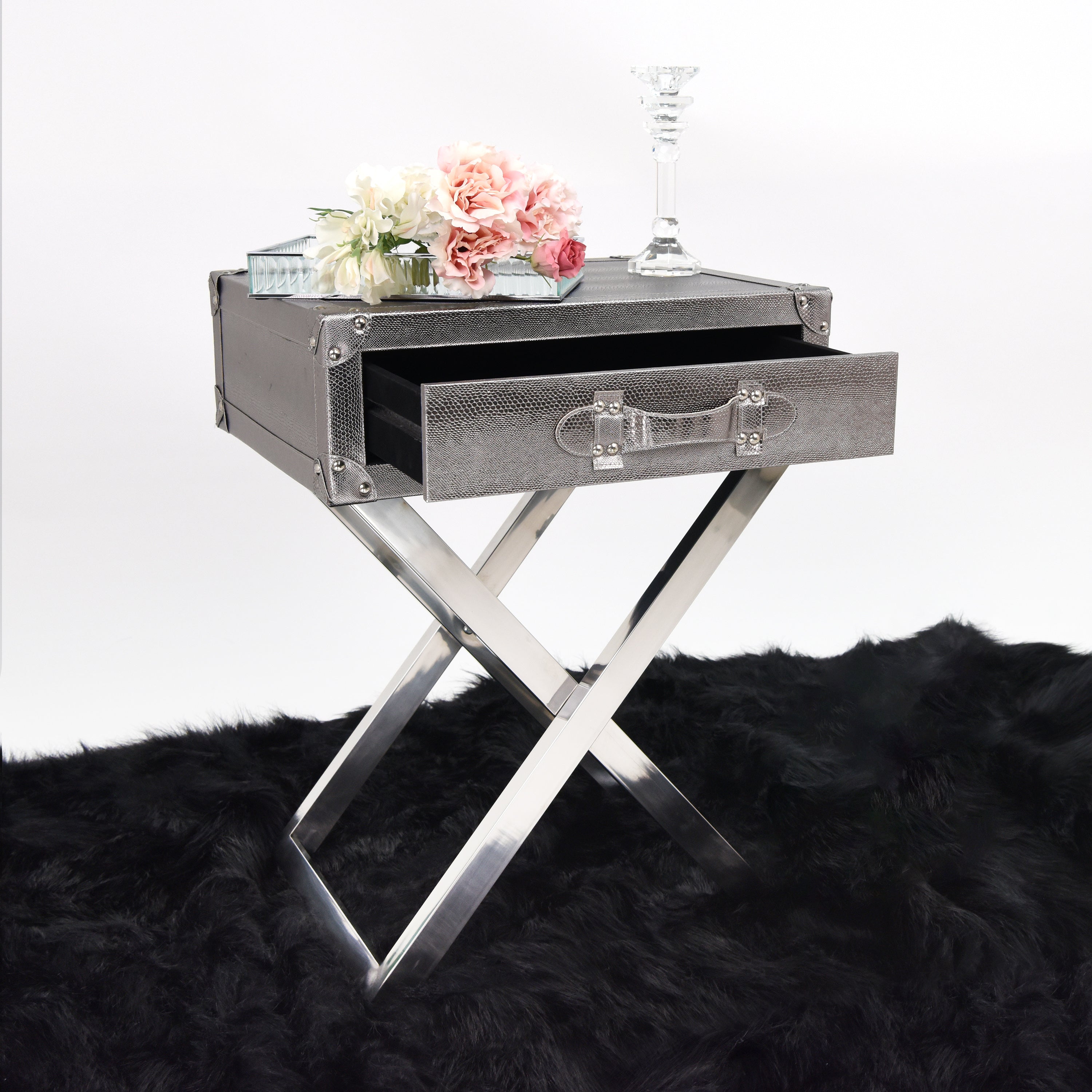 Silver Lizard Leather Side Table - Discontinued, while supplies last