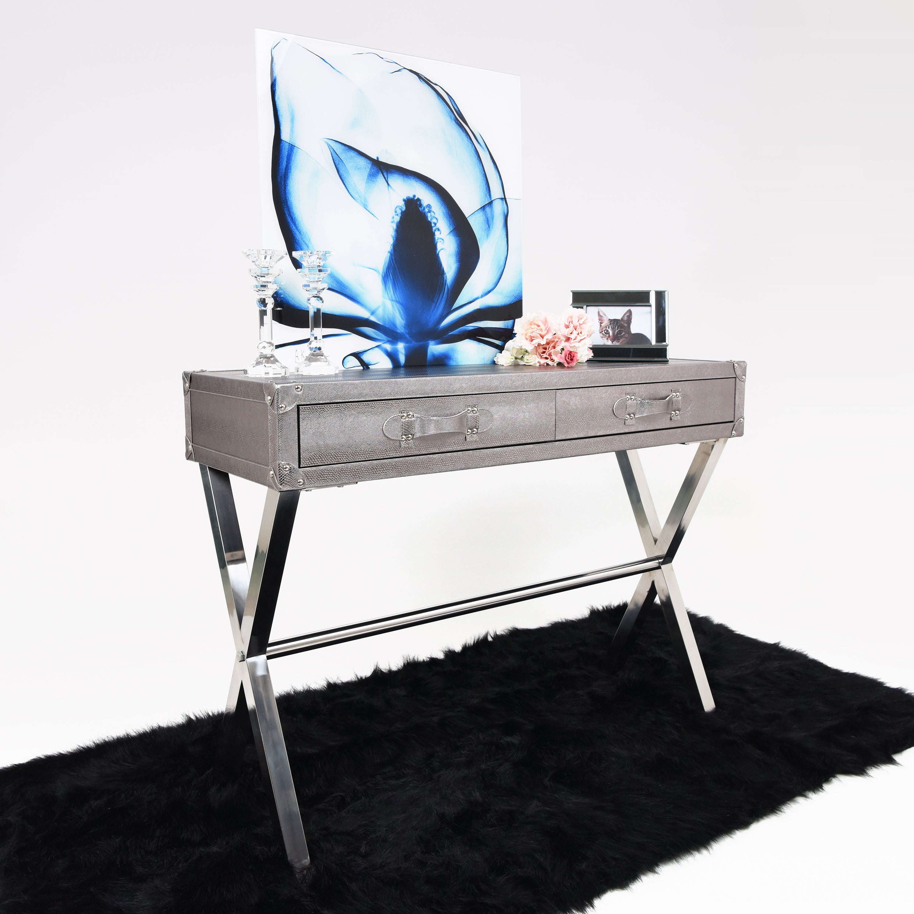 Silver Metallic Lizard Leather Console - Discontinued, while supplies last