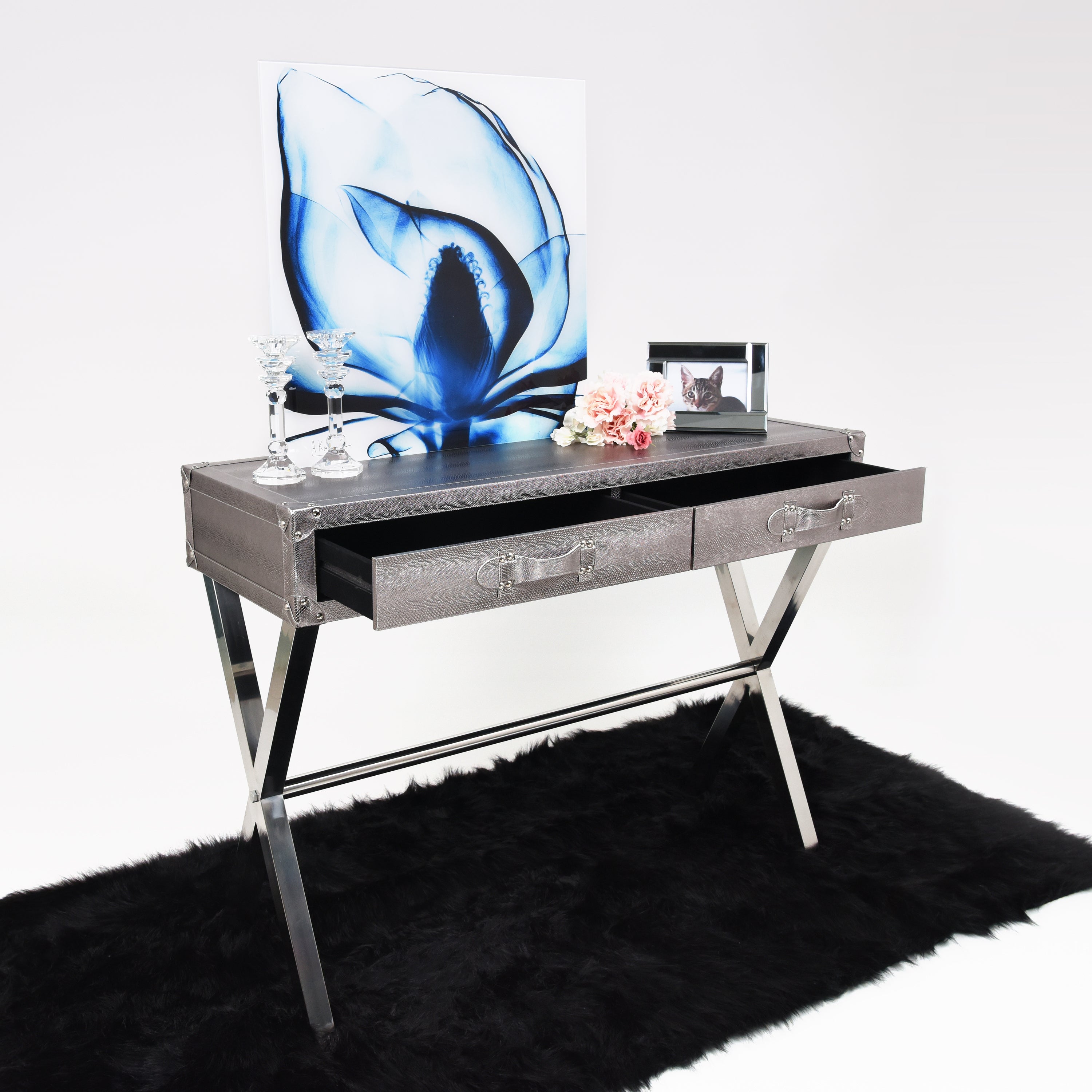 Silver Metallic Lizard Leather Console - Discontinued, while supplies last