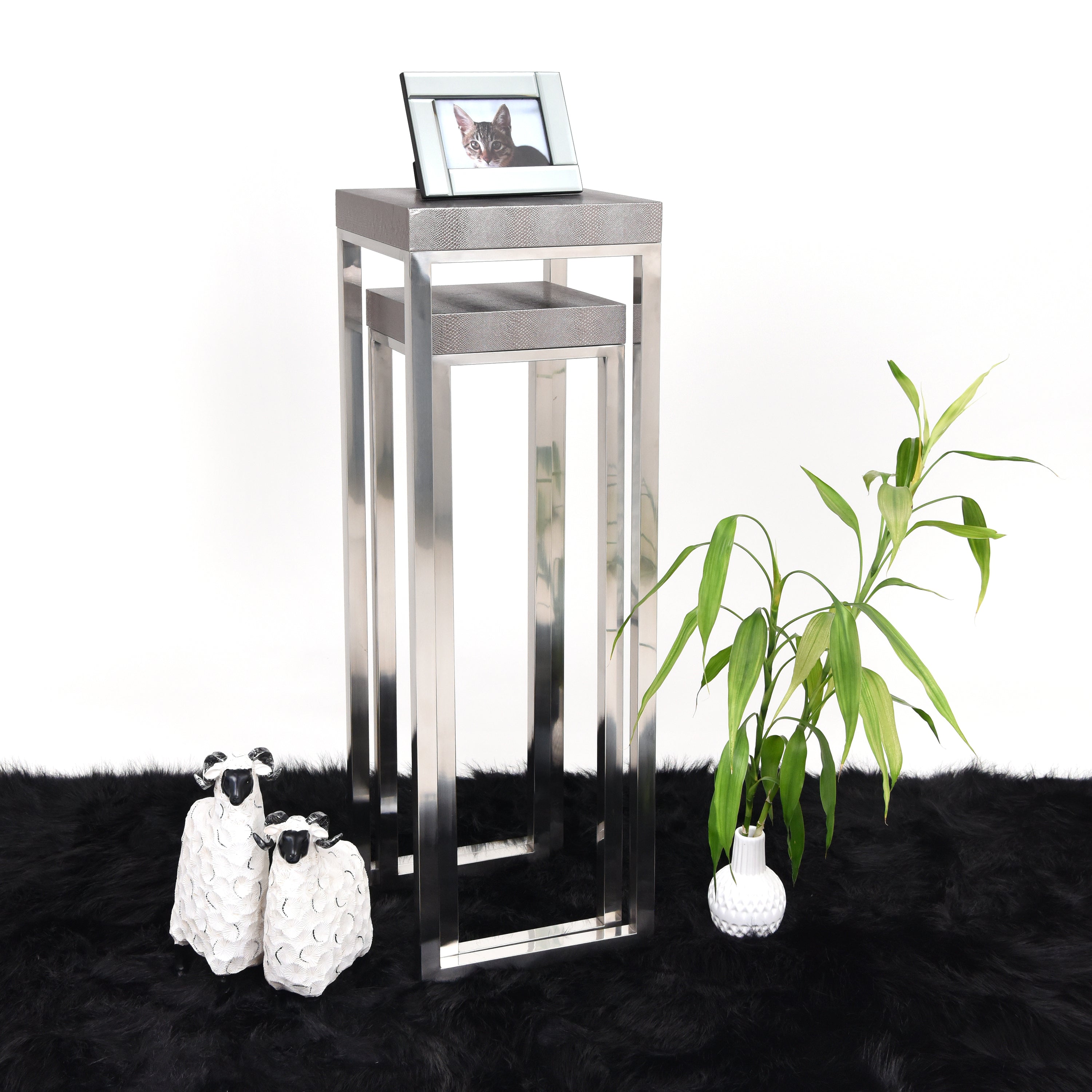 Silver Metallic Lizard Leather Tall Nesting Tables - Discontinued, while supplies last