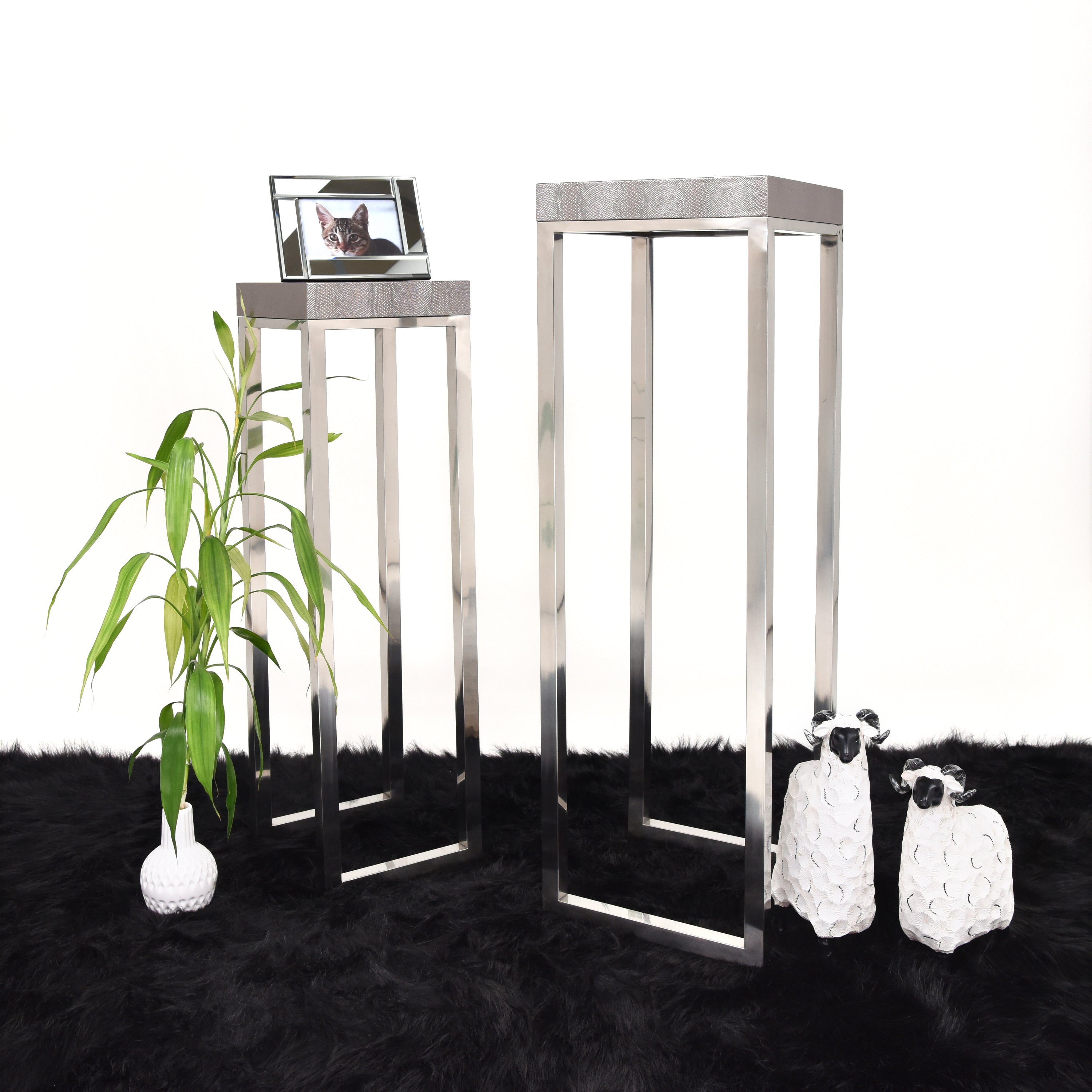 Silver Metallic Lizard Leather Tall Nesting Tables - Discontinued, while supplies last