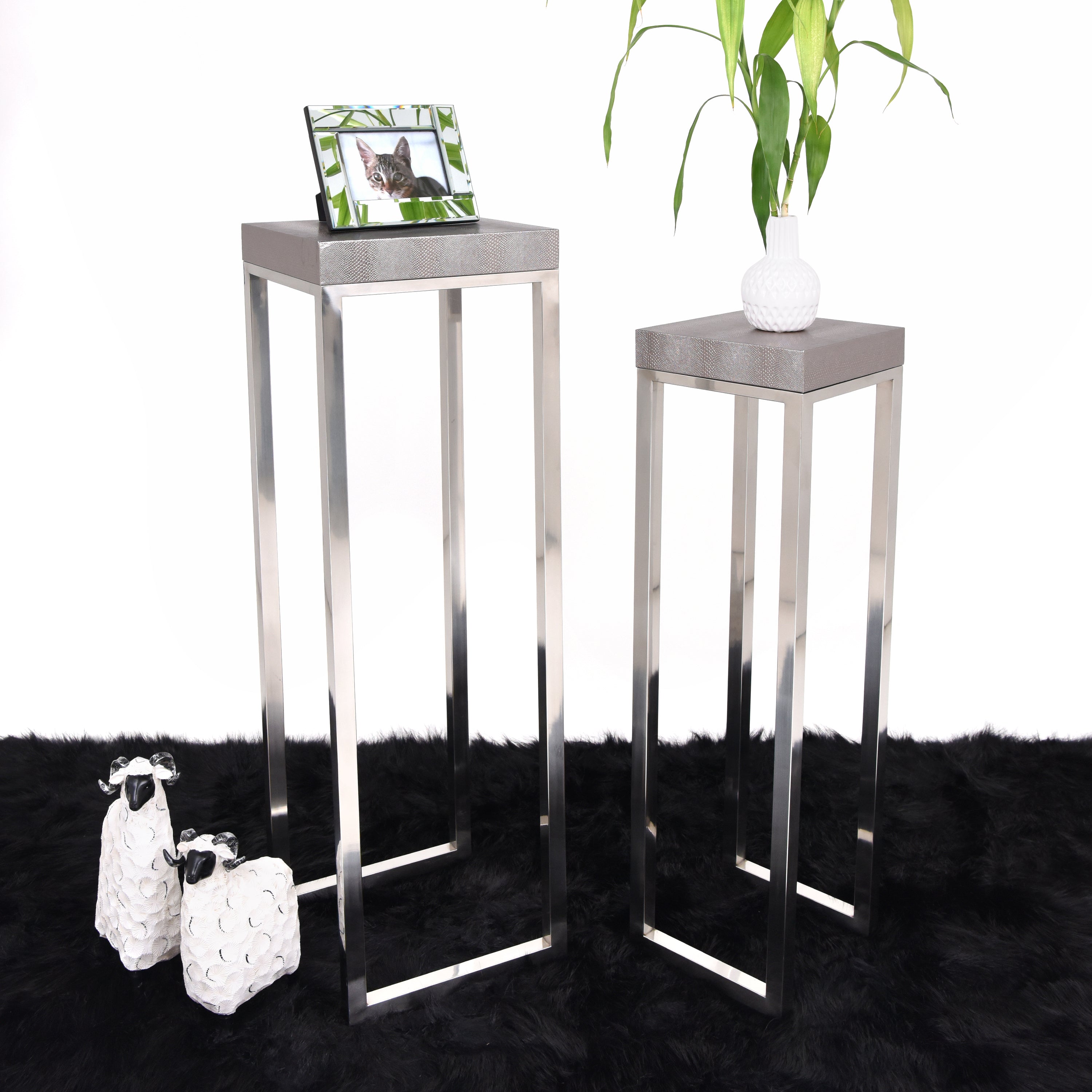 Silver Metallic Lizard Leather Tall Nesting Tables - Discontinued, while supplies last