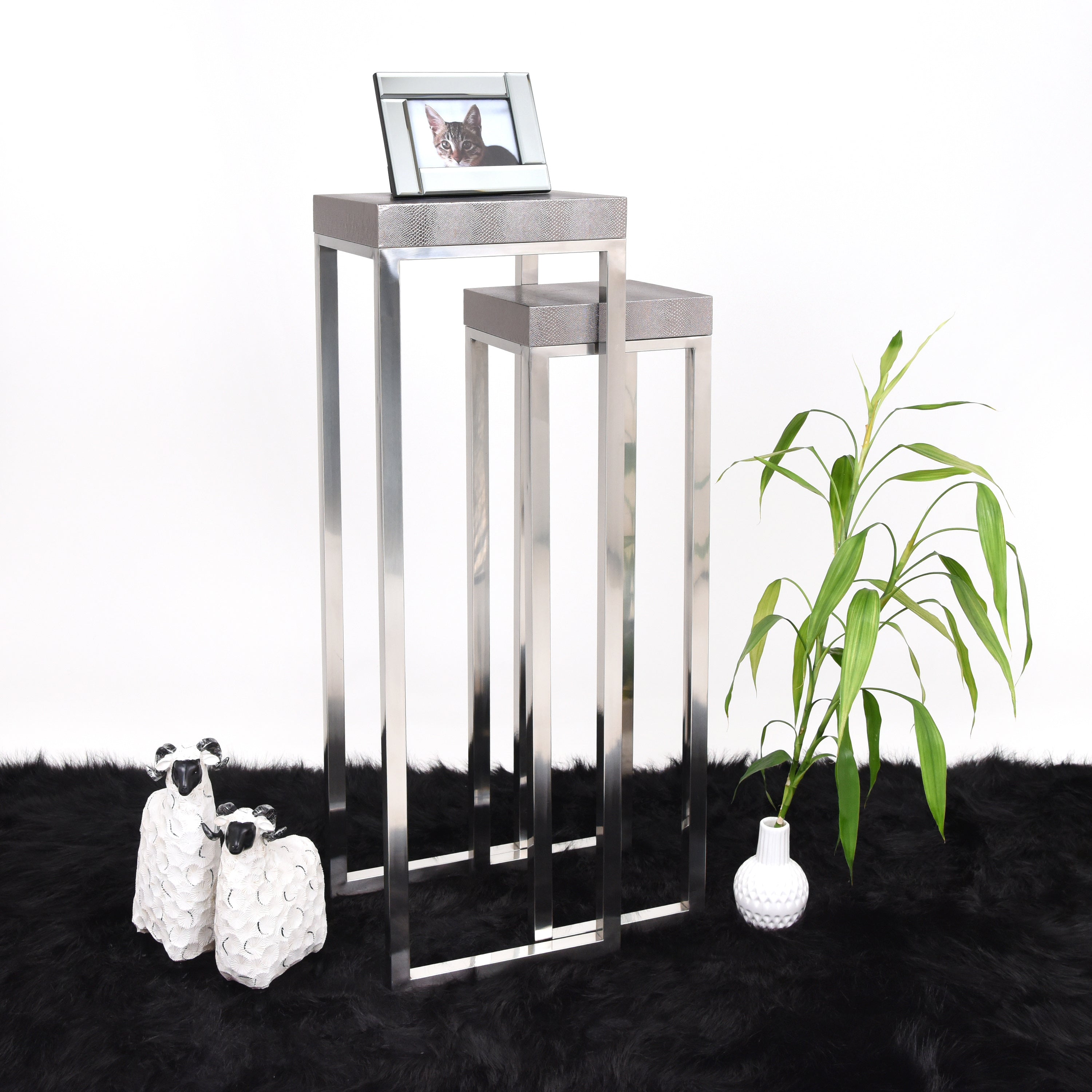 Silver Metallic Lizard Leather Tall Nesting Tables - Discontinued, while supplies last