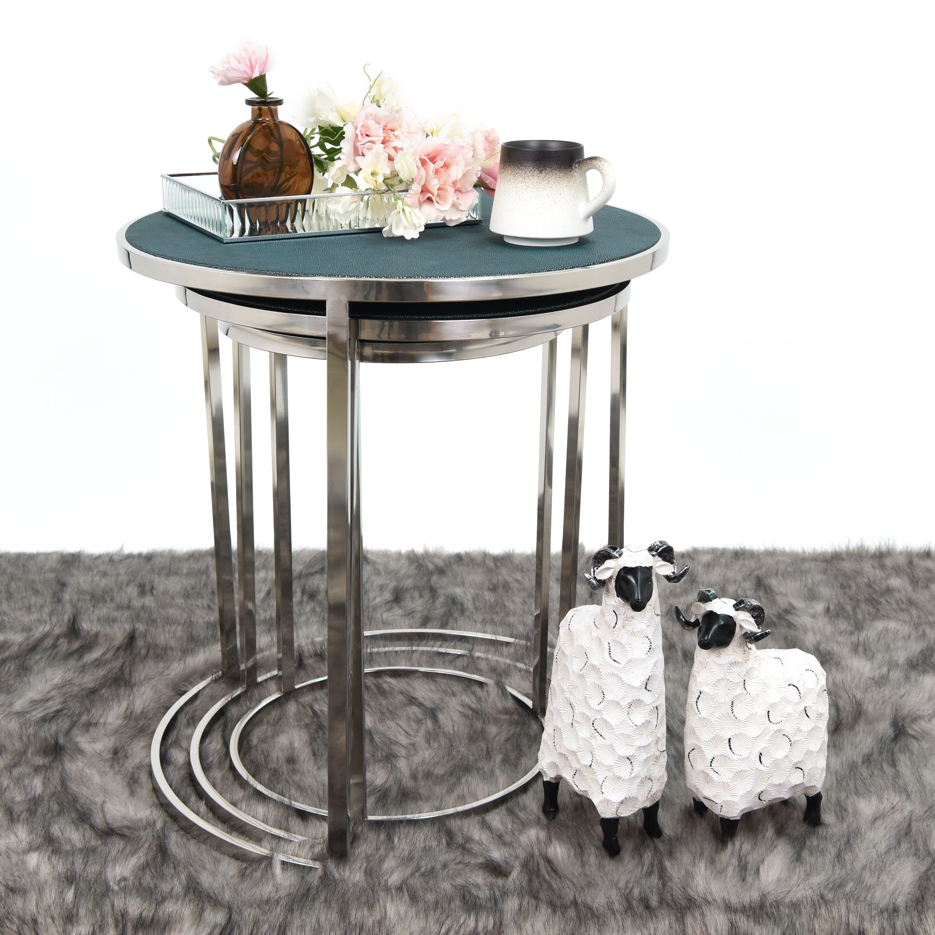 Black on Blue Shagreen Leather Set of 3 Nesting Console Tables - Discontinued, while supplies last