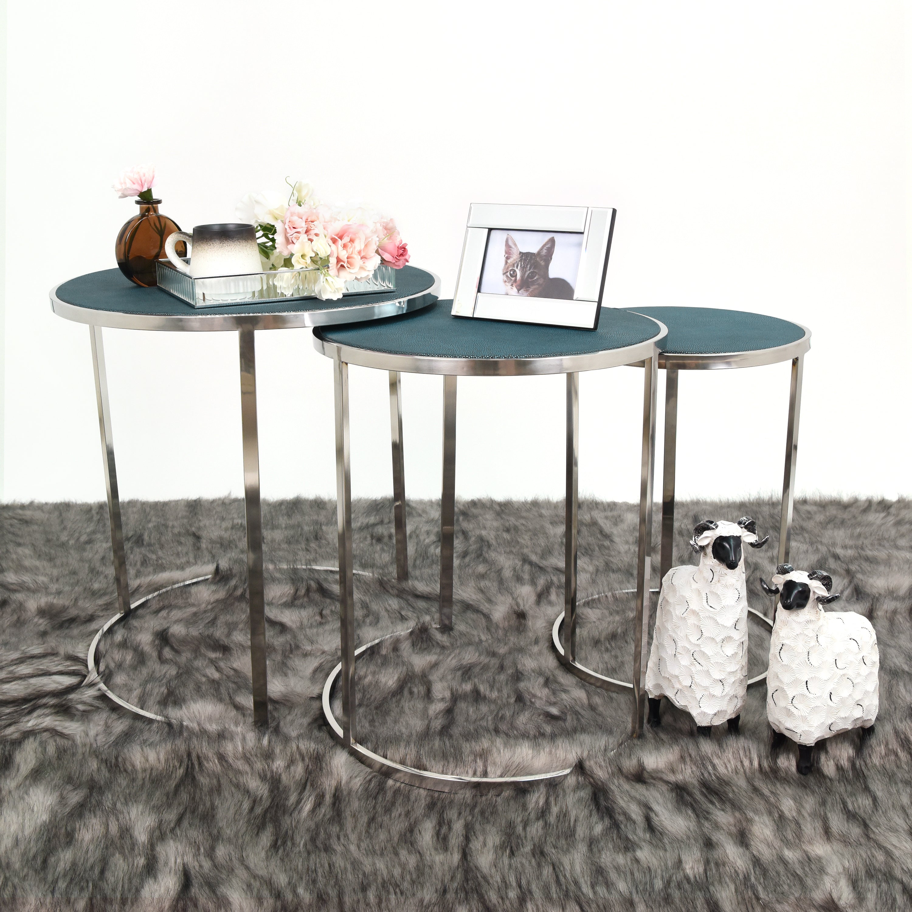 Black on Blue Shagreen Leather Set of 3 Nesting Console Tables - Discontinued, while supplies last