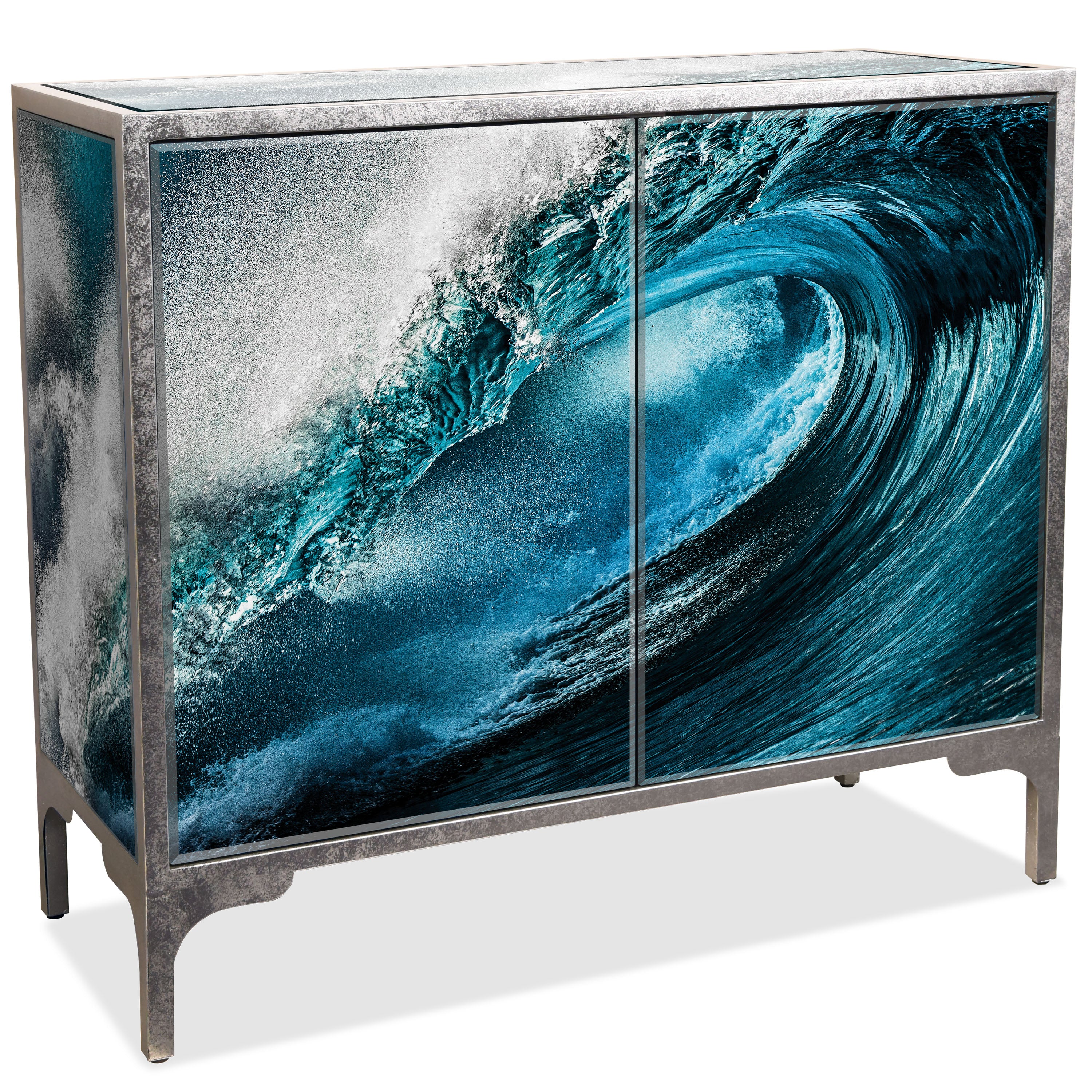 "Sapphire Sea" Reverse Printed Beveled Art Glass Console Table