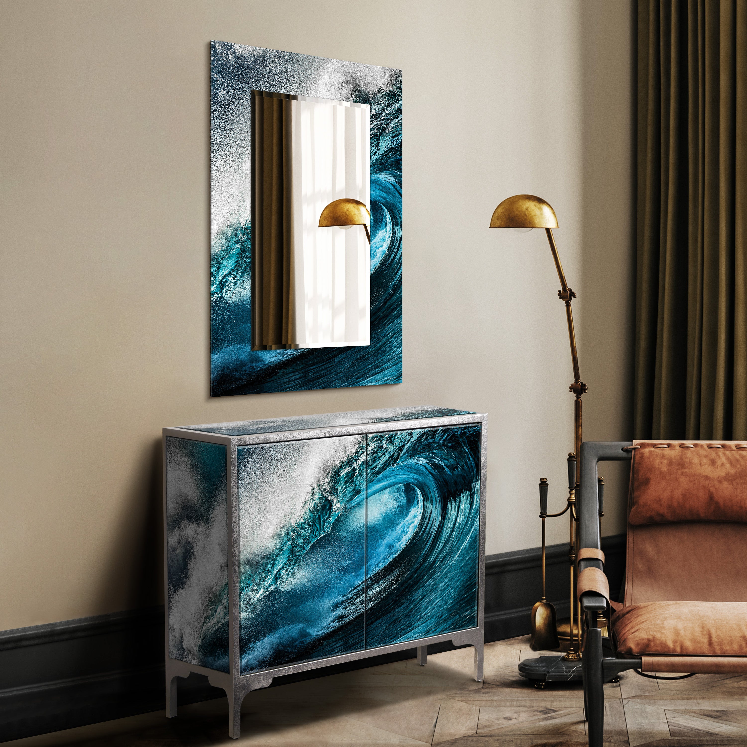 "Sapphire Sea" Reverse Printed Beveled Art Glass Console Table