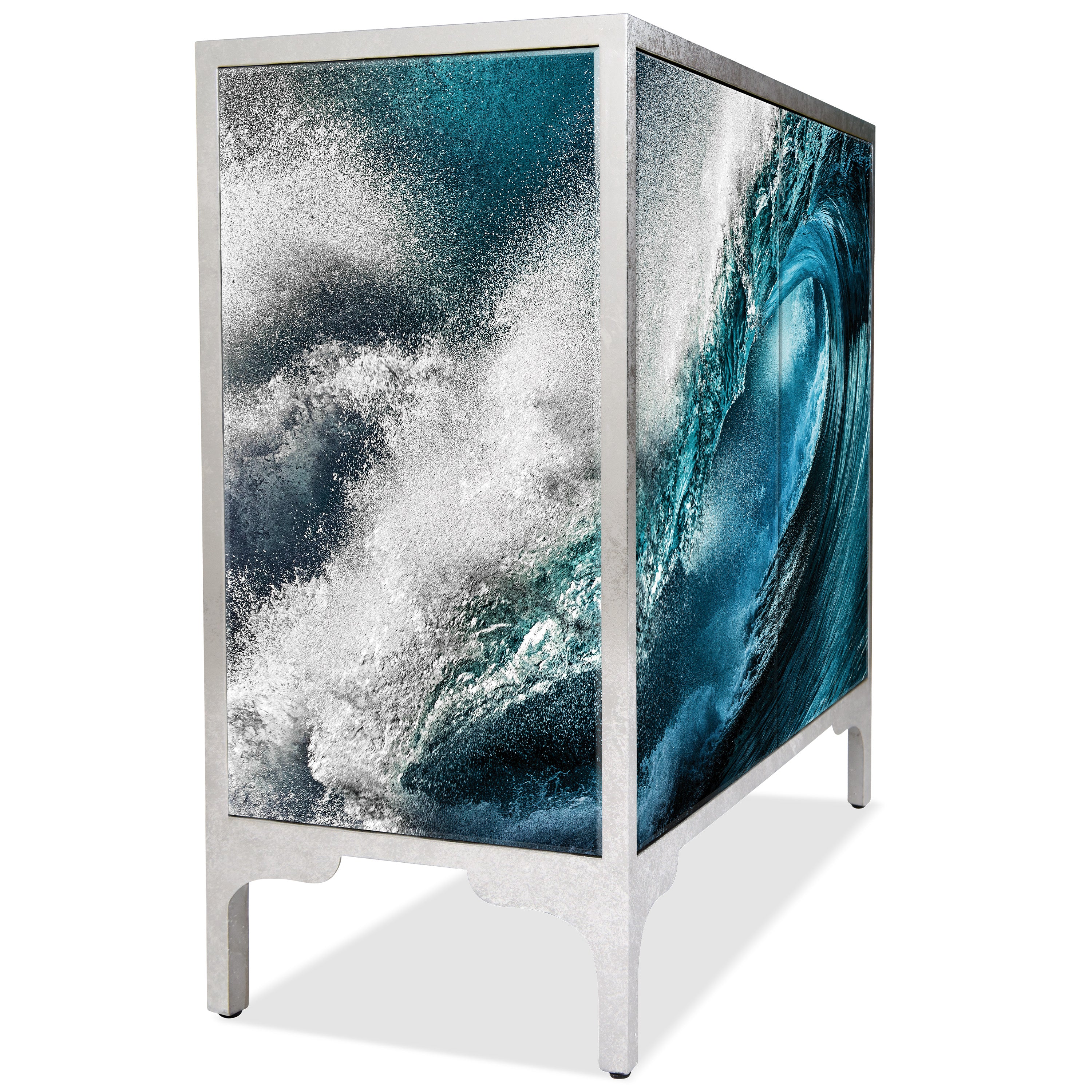 "Sapphire Sea" Reverse Printed Beveled Art Glass Console Table