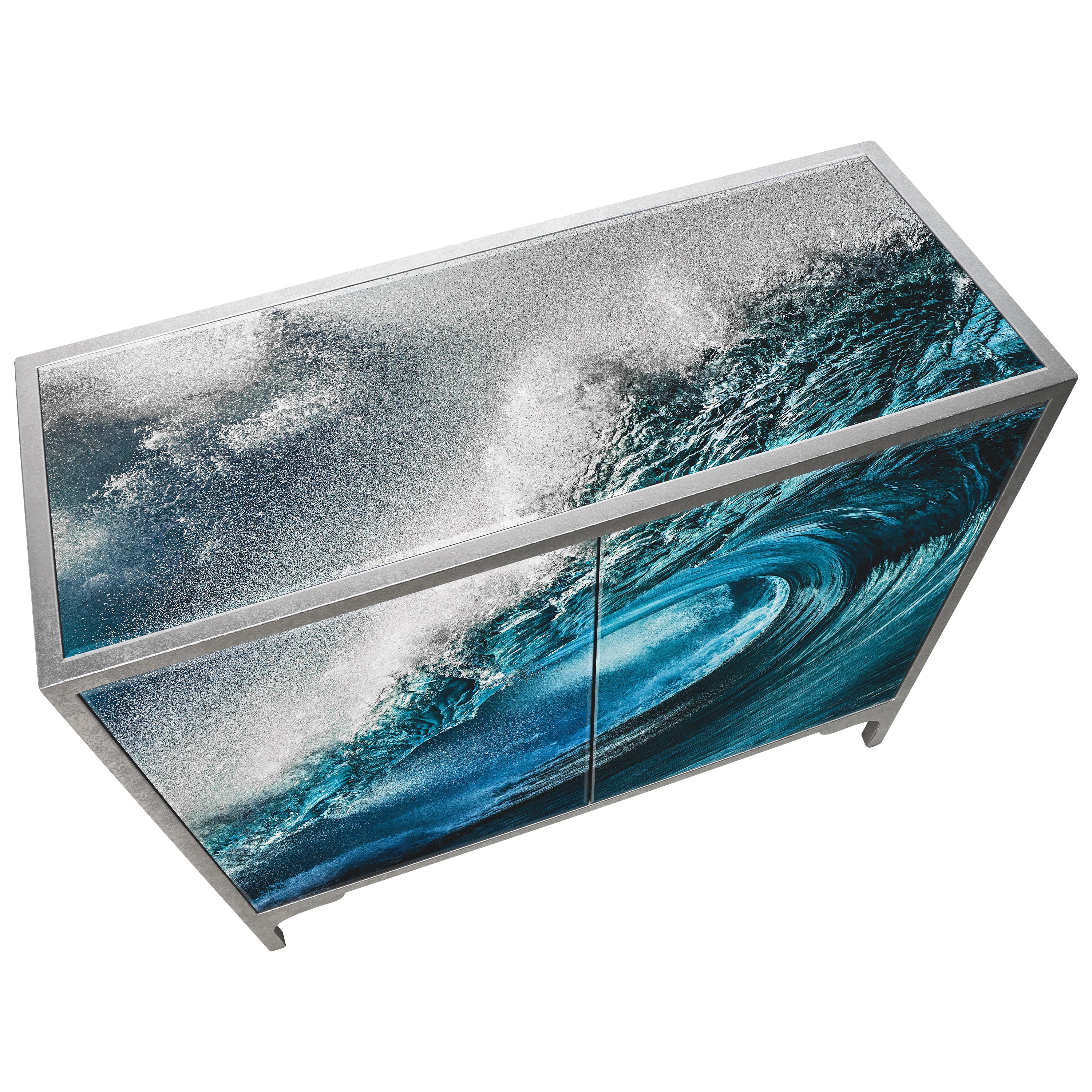 "Sapphire Sea" Reverse Printed Beveled Art Glass Console Table