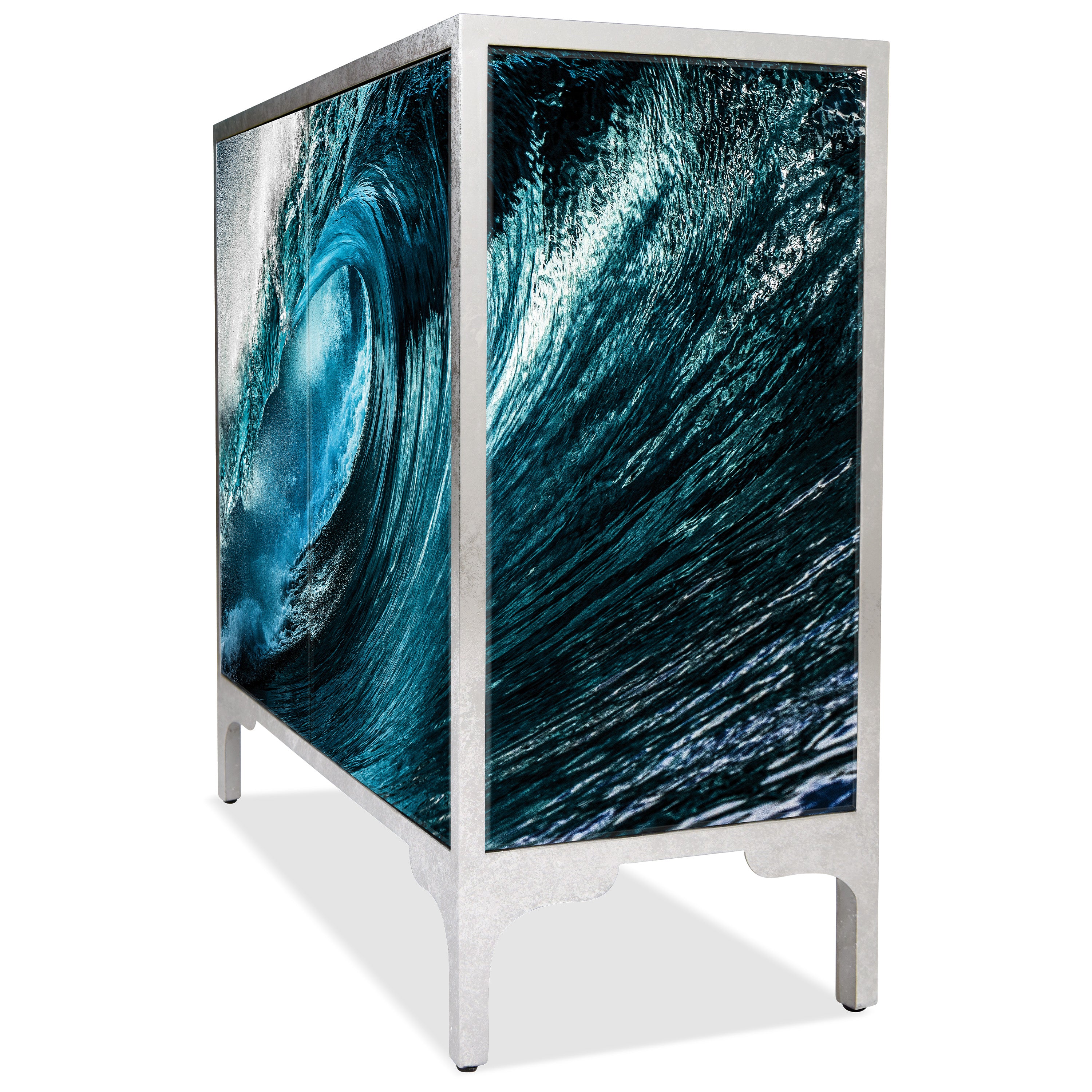 "Sapphire Sea" Reverse Printed Beveled Art Glass Console Table