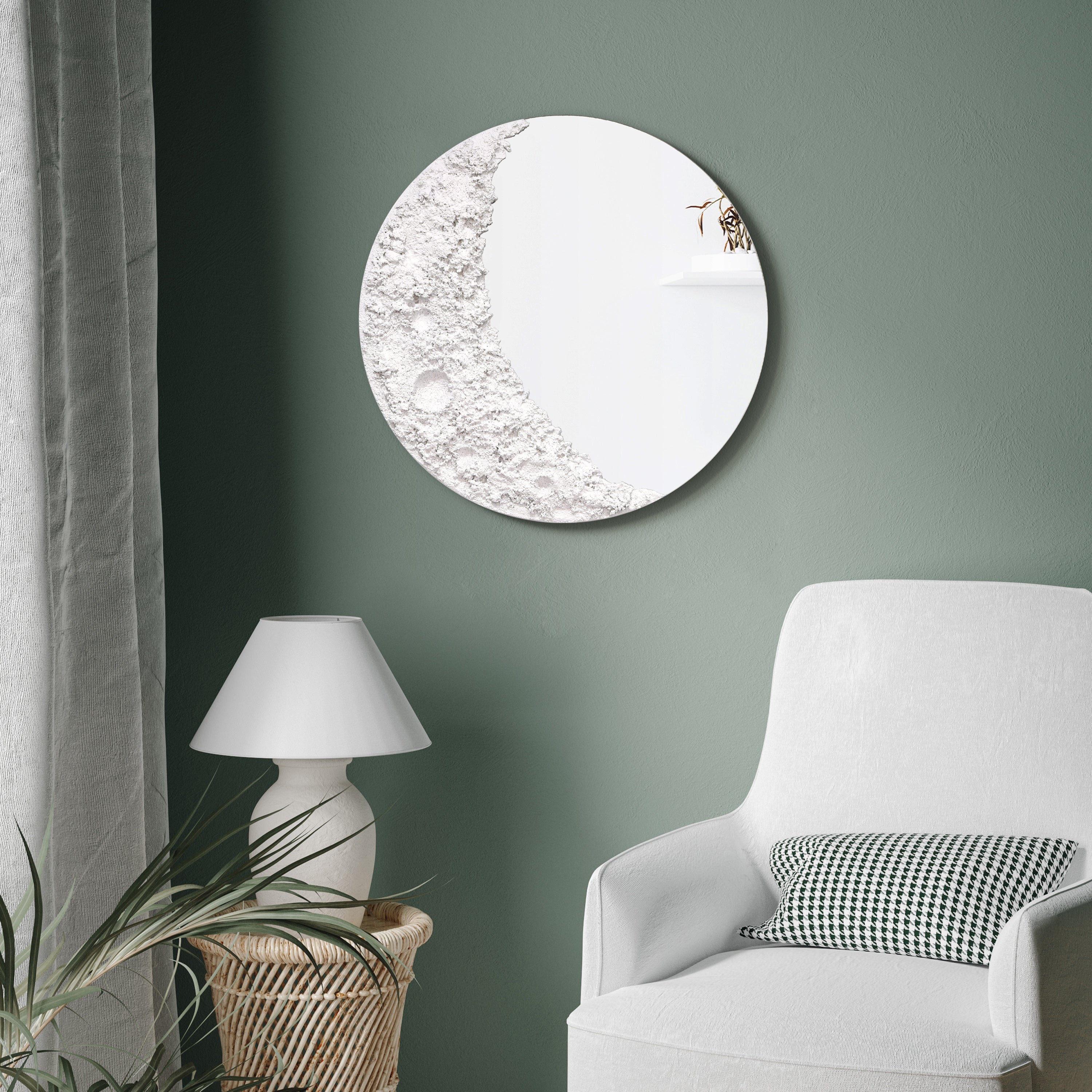 "Lunar Serenity" 20" Round Wall Mirror with a 3D Textured Crescent Moon Embellishment