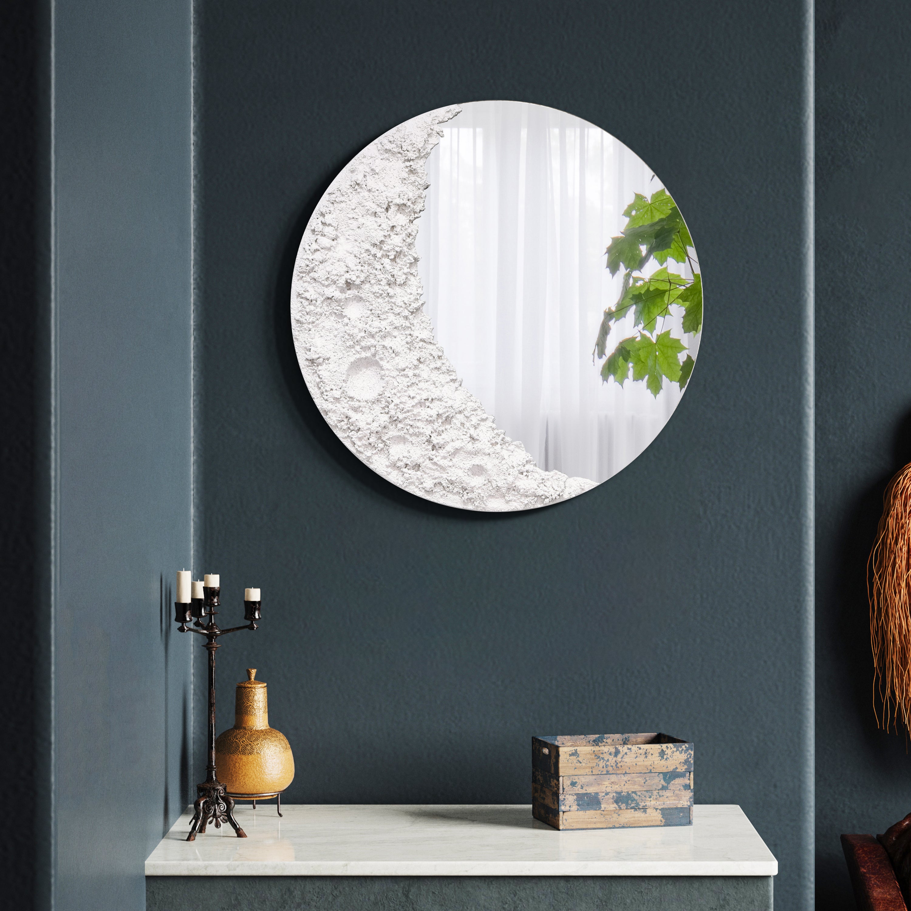 "Lunar Serenity" 20" Round Wall Mirror with a 3D Textured Crescent Moon Embellishment