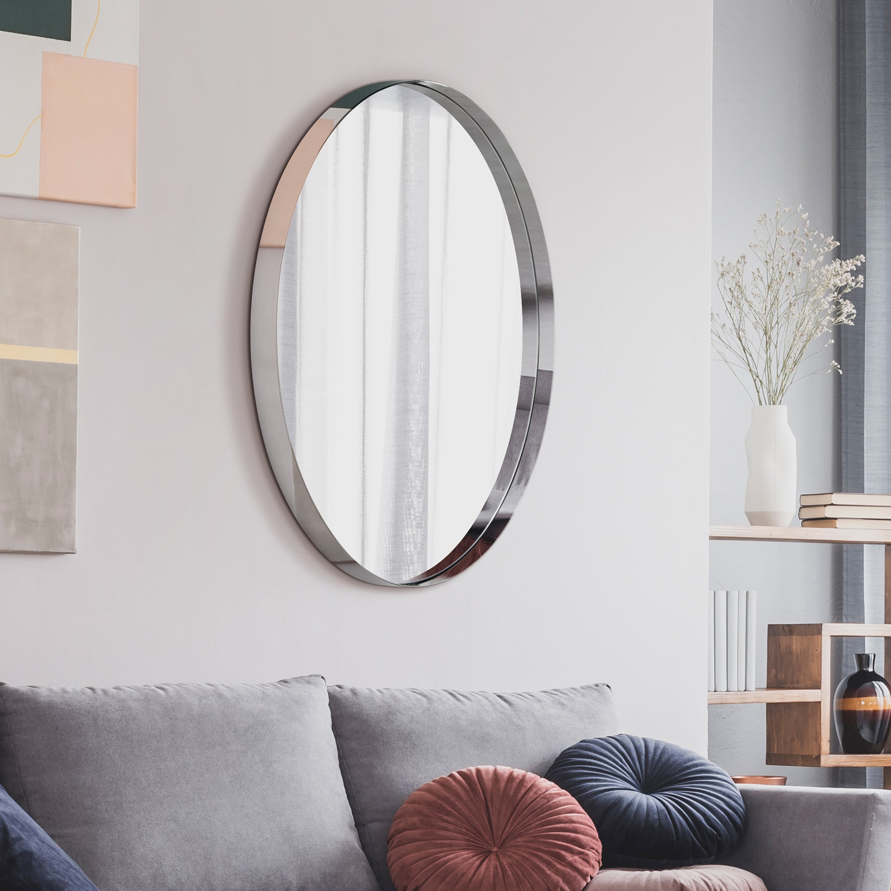 Ultra Polished Silver Stainless Steel Oval Wall Mirror