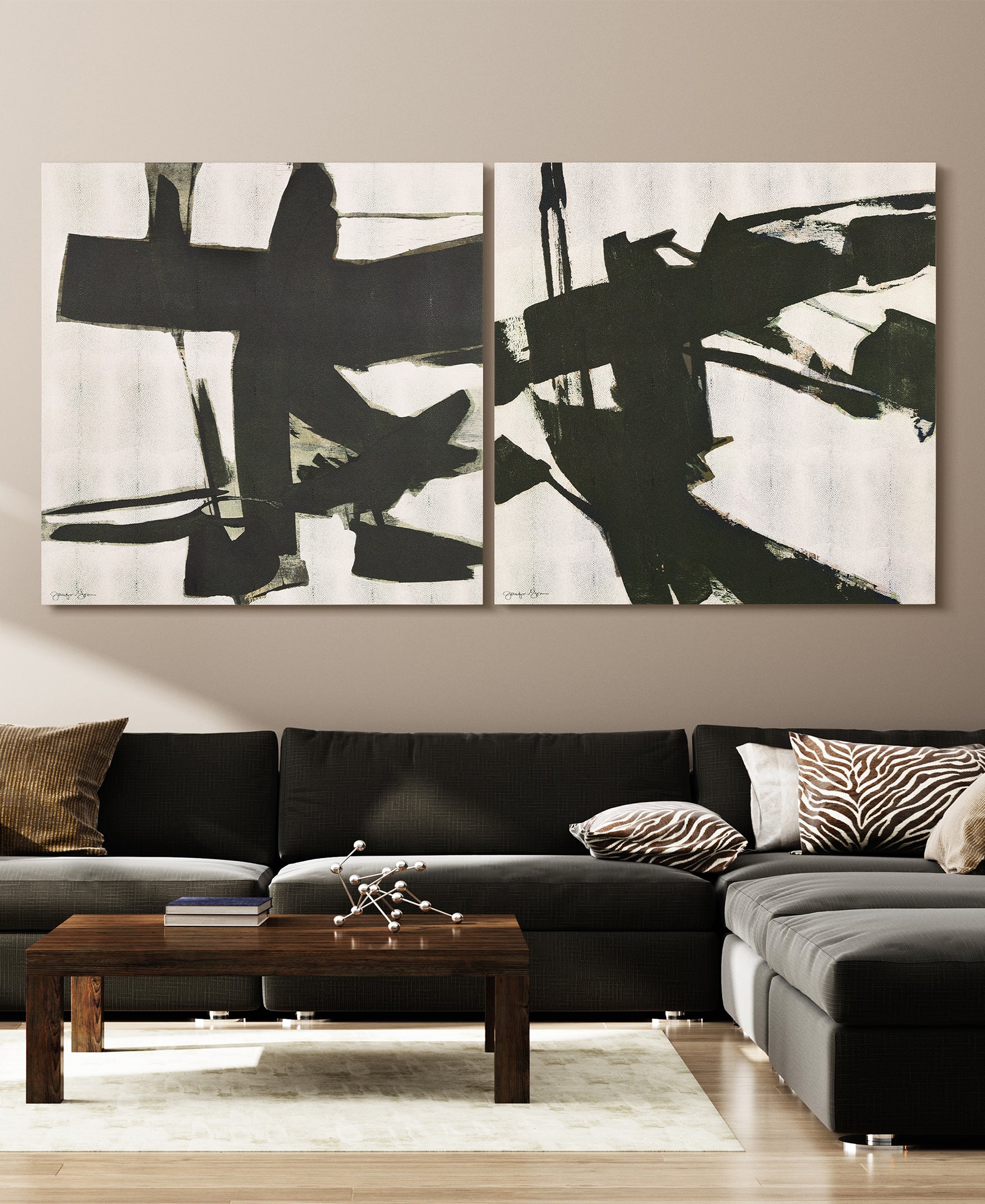 "Bold Abstraction I & II" Abstract Black & White Art on Gold Shagreen Wrapped Canvas Wall Art Set, sized 44"x44"