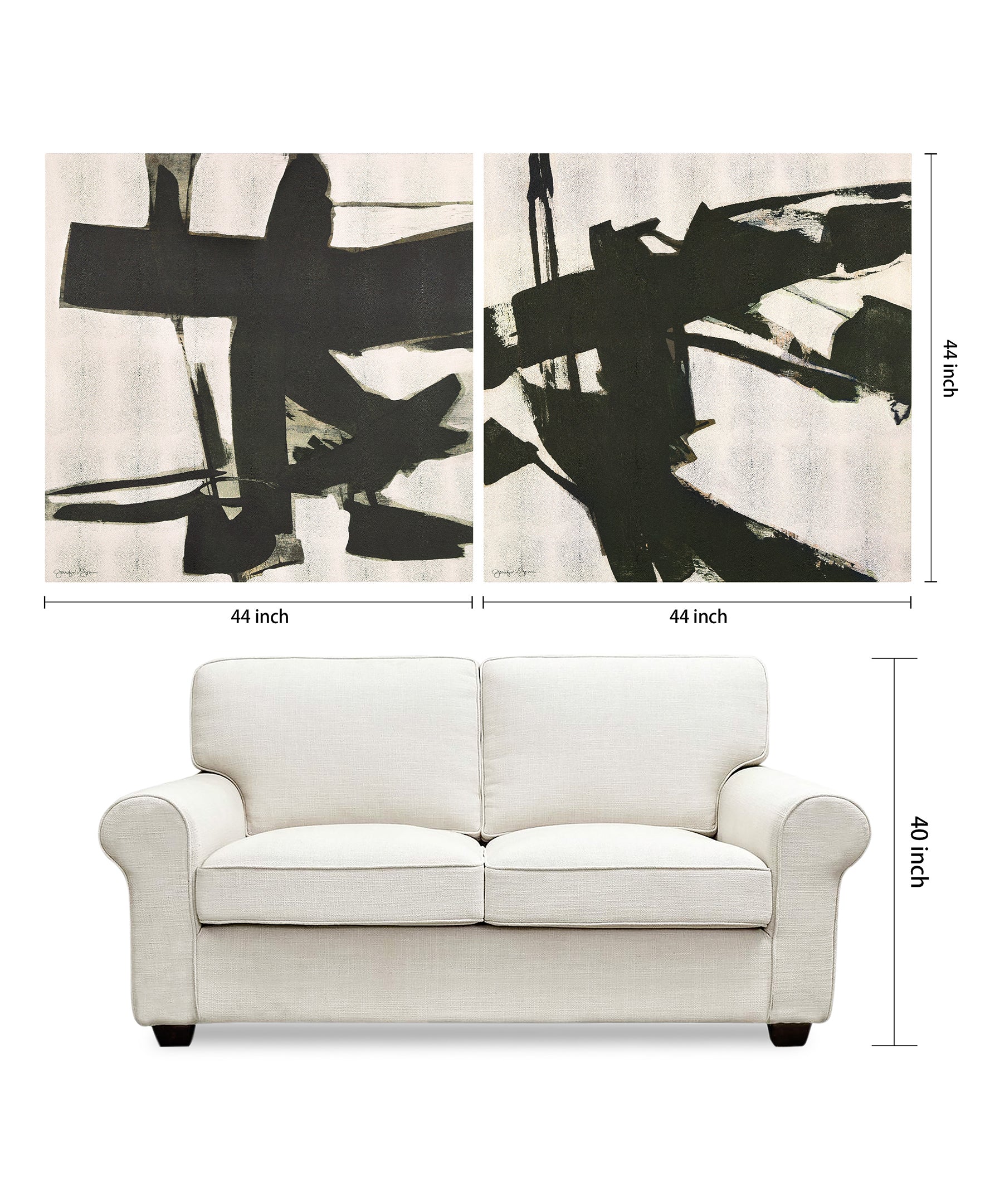 "Bold Abstraction I & II" Abstract Black & White Art on Gold Shagreen Wrapped Canvas Wall Art Set, sized 44"x44"