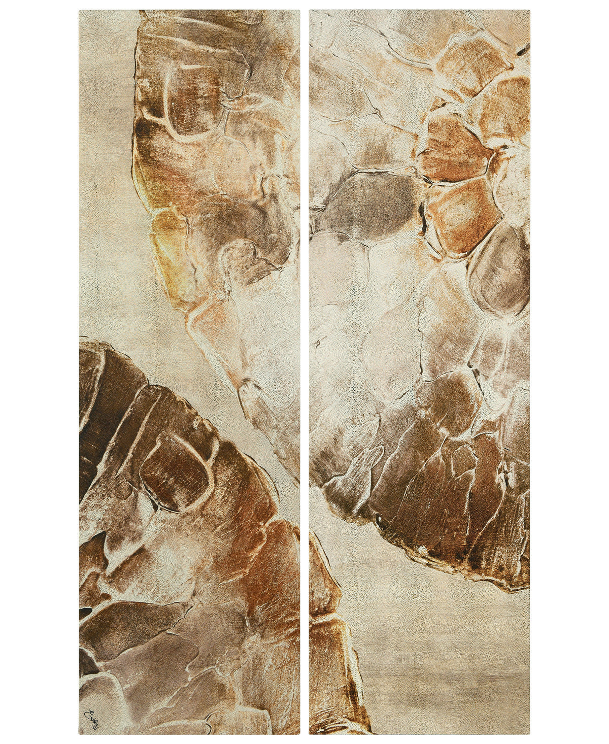 "Golden Layers I & II" Abstract artwork Rendered on Gold Shagreen Wrapped Canvas Wall Art Set, sized 72"x22"