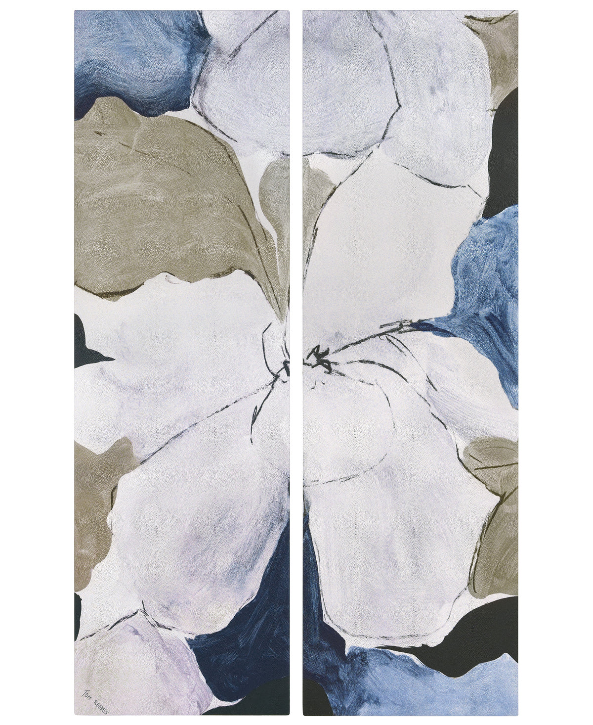 "Floral Serenity I & II", Flower Abstract Artwork on Silver Shagreen Wrapped Canvas Wall Art Set, sized 72"x22"