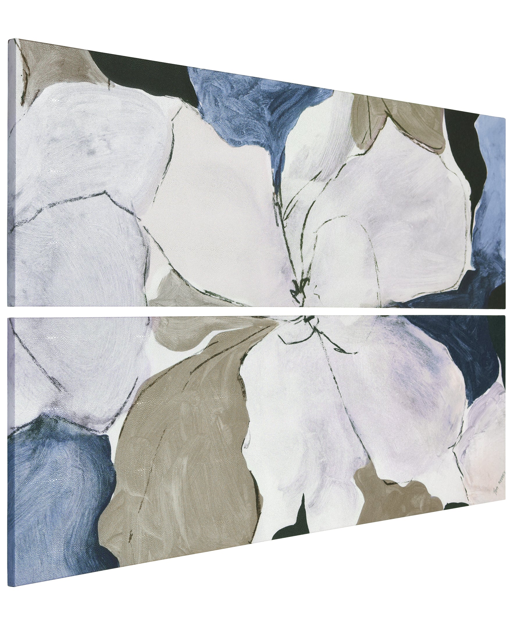 "Floral Serenity I & II", Flower Abstract Artwork on Silver Shagreen Wrapped Canvas Wall Art Set, sized 72"x22"