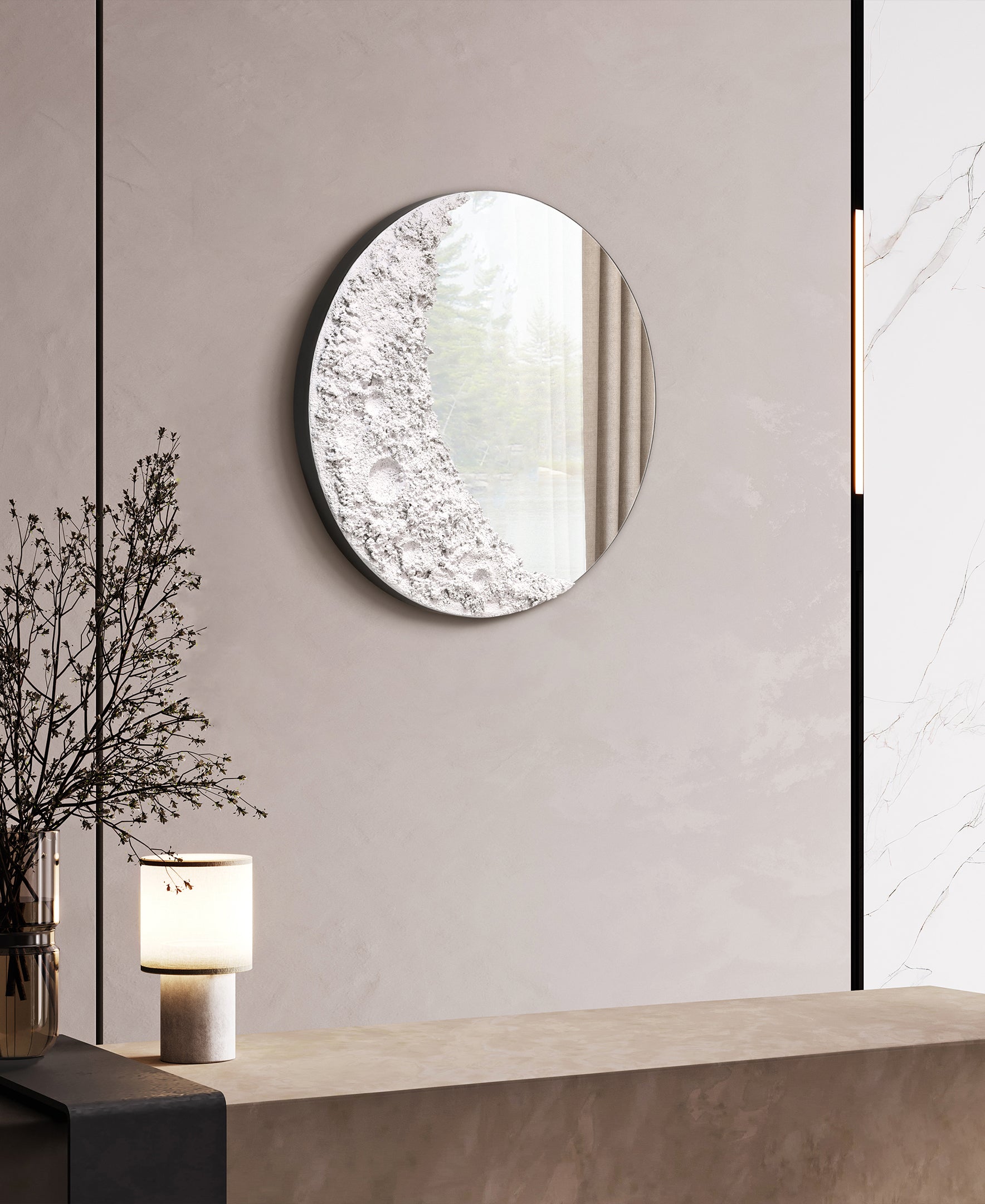 "Lunar Serenity" 20" Round Wall Mirror with a 3D Textured Crescent Moon Embellishment