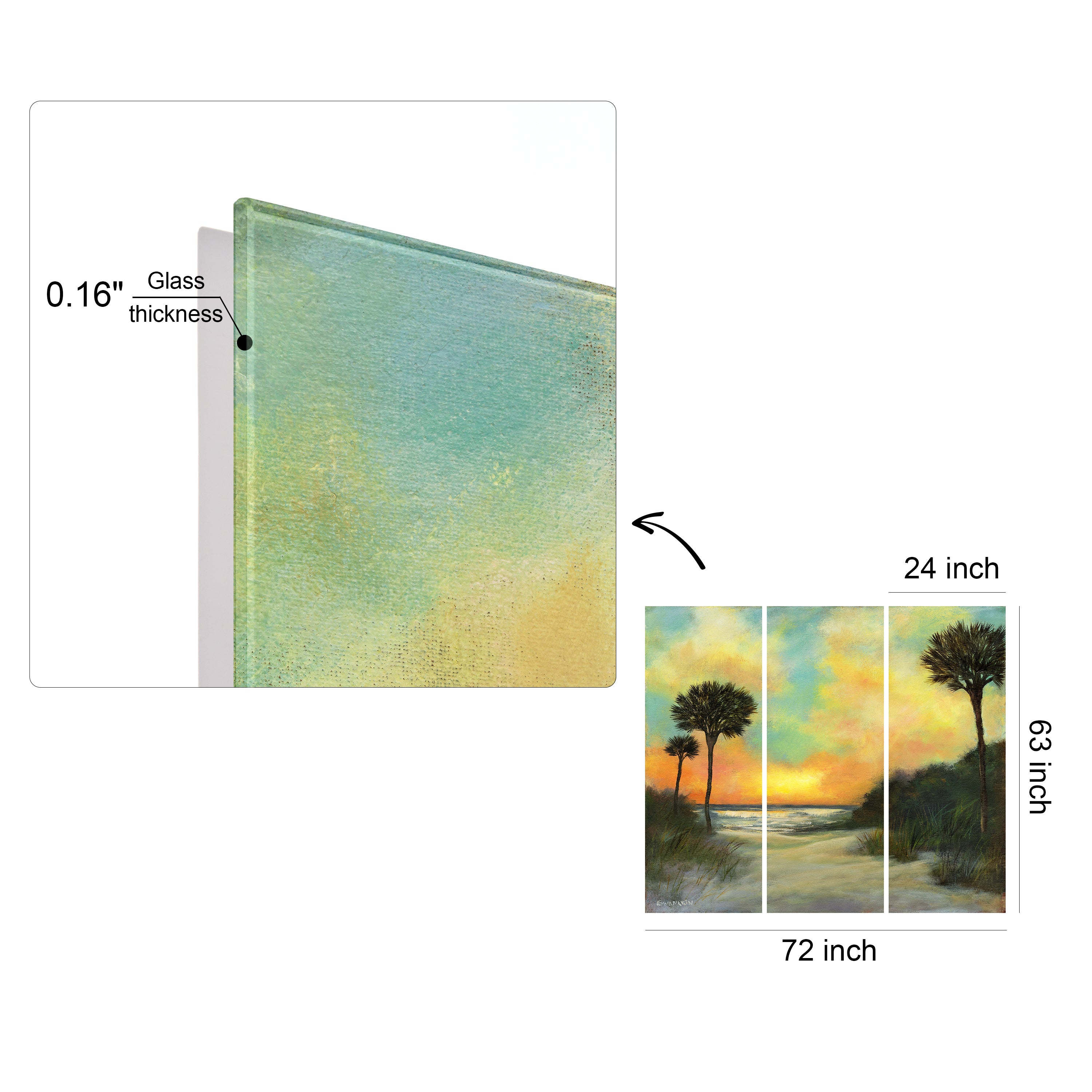 "Coastal Sunset II Set" Frameless Free Floating Reverse Printed Tempered Art Glass Wall Art - 3 Panel set