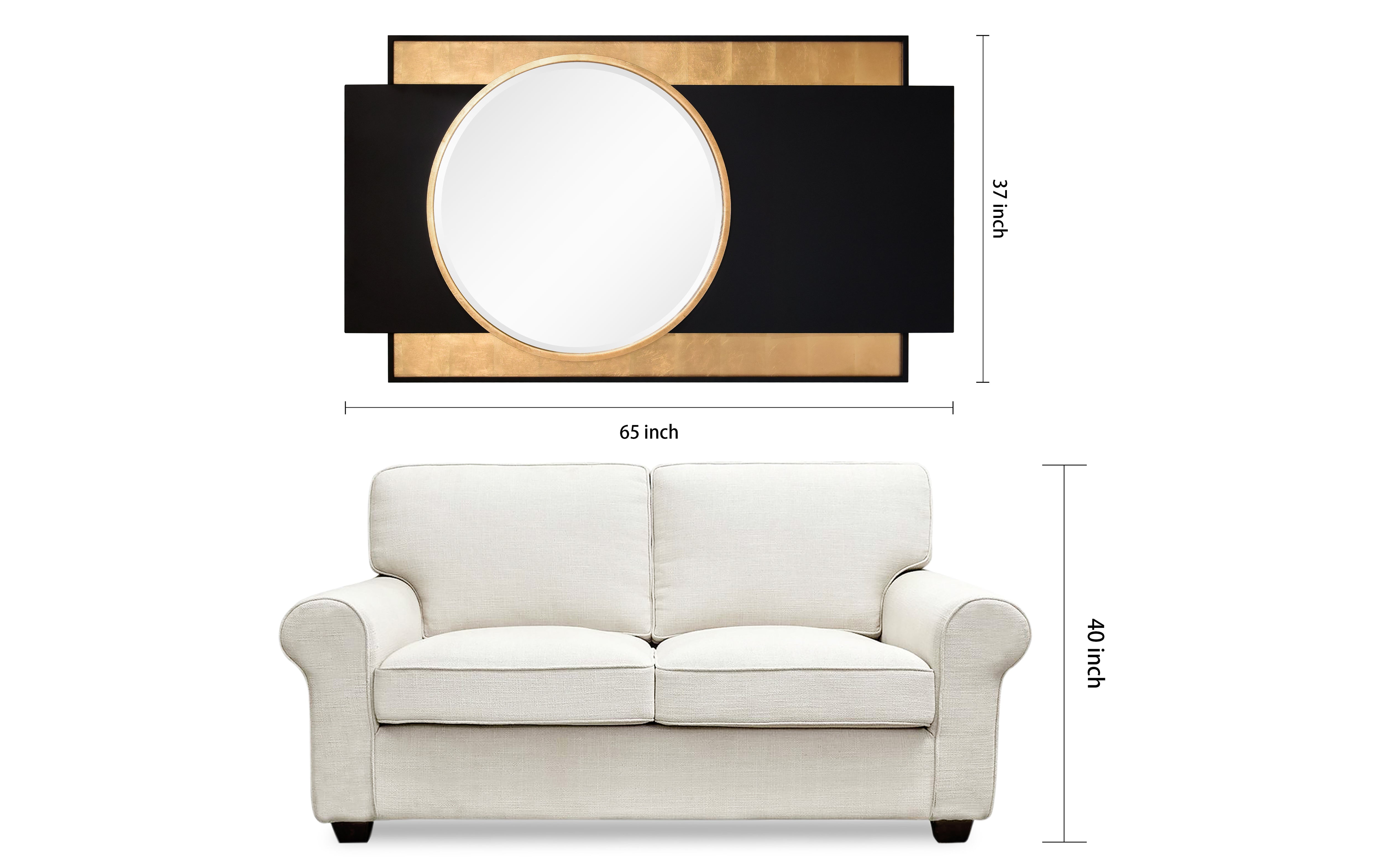 "Modern Elegance Gold and Black Wall Mirror", 37"x65", Beveled Center Round Mirror Featuring a  Black and Gold Foiled Iron Frame